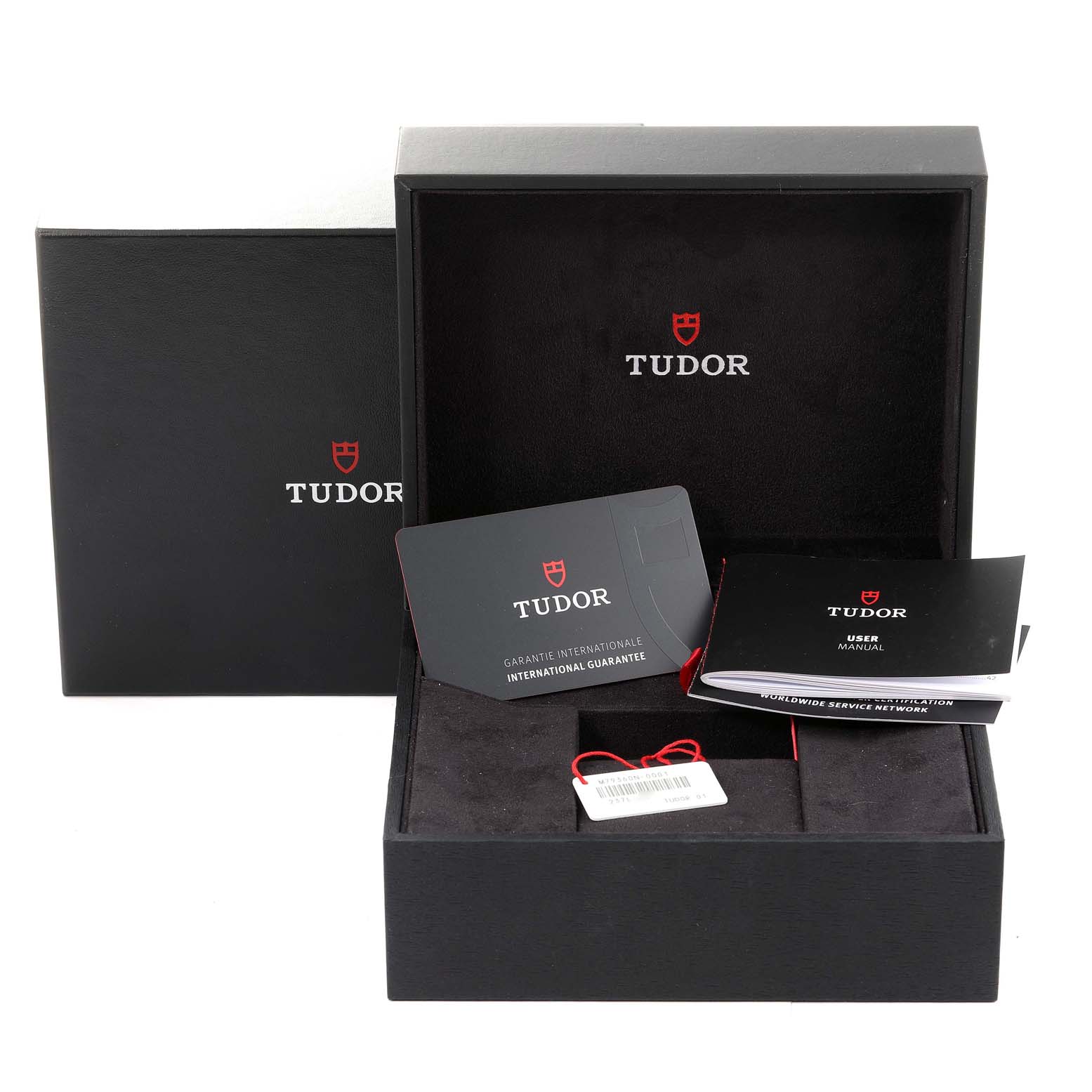 The image shows the Tudor Heritage Chrono 79360N Men's Stainless Steel Black Dial 79360N Men's Stainless Steel Black Dial watch packaging, warranty card, user manual, and tags.