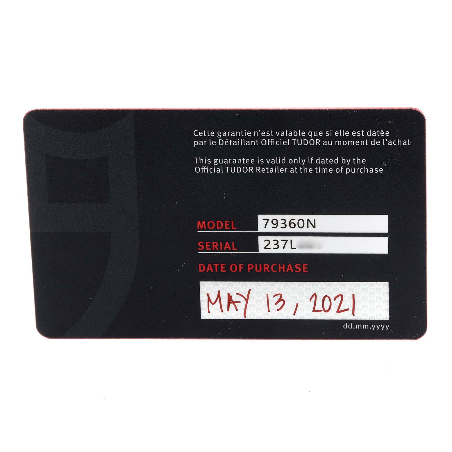 This image shows the warranty card for the Tudor Heritage Chrono 79360N Men's Stainless Steel Black Dial 79360N Men's Stainless Steel Black Dial model 79360N with the date of purchase as May 13, 2021.