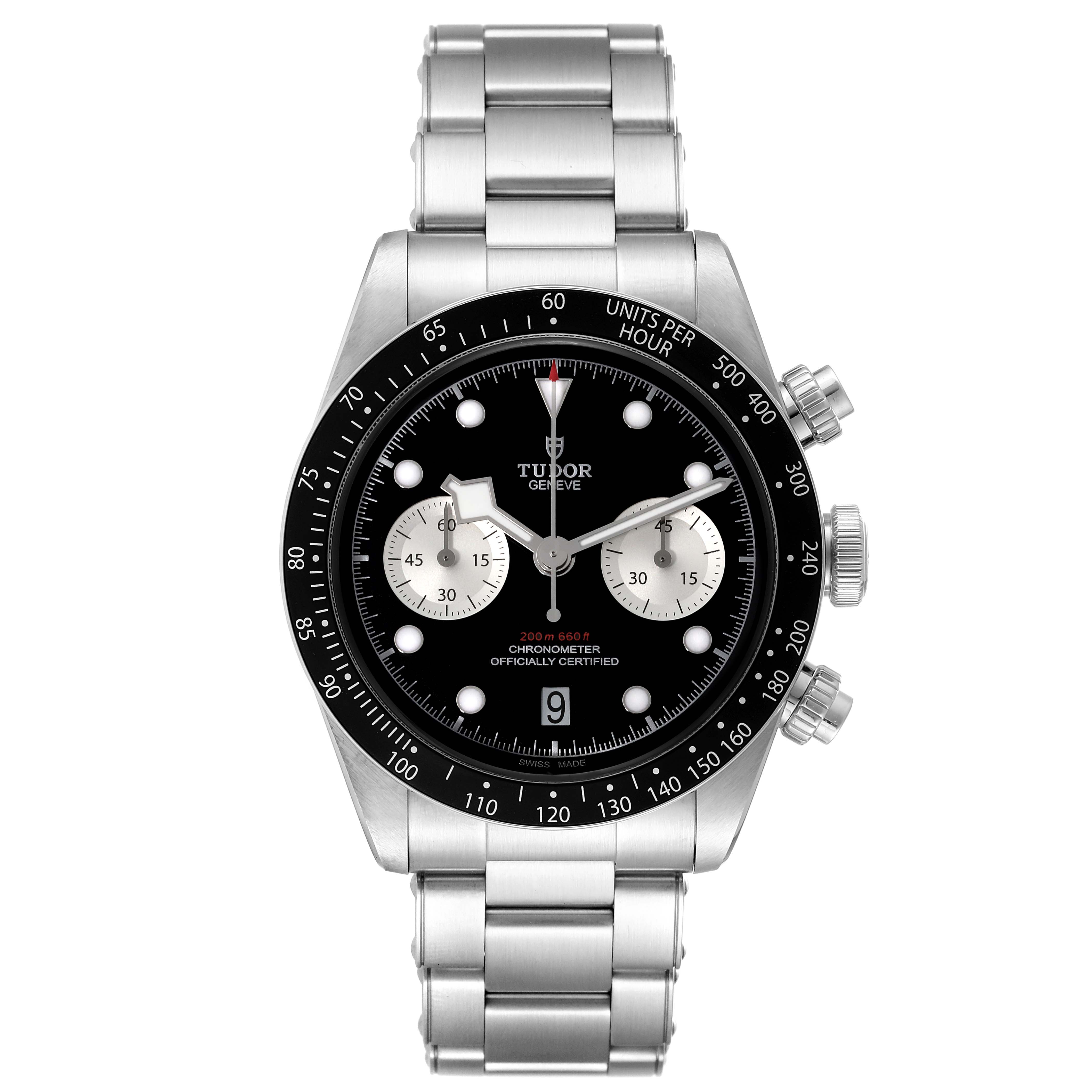 The image shows a front view of the Tudor Heritage Chrono 79360N Men's Stainless Steel Black Dial 79360N Men's Stainless Steel Black Dial watch, highlighting its dial, bezel, bracelet, and pushers.