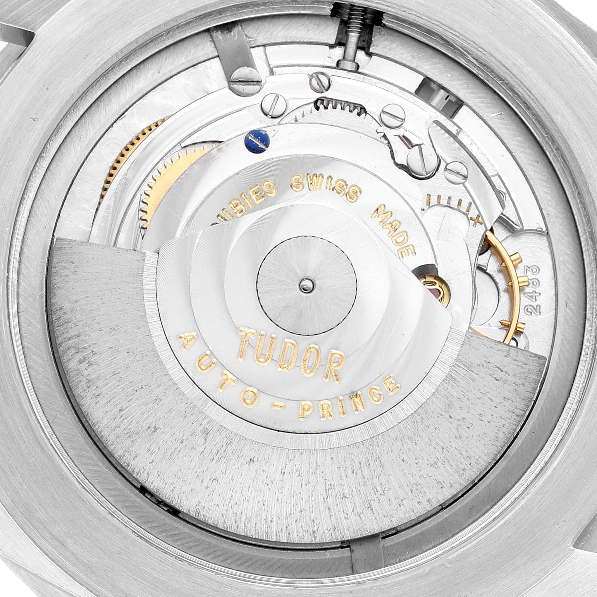 The image shows a detailed view of the movement inside the Tudor Submariner 7016 Men
s Stainless Steel Black Dial 7016 Men
s Stainless Steel Black Dial watch.