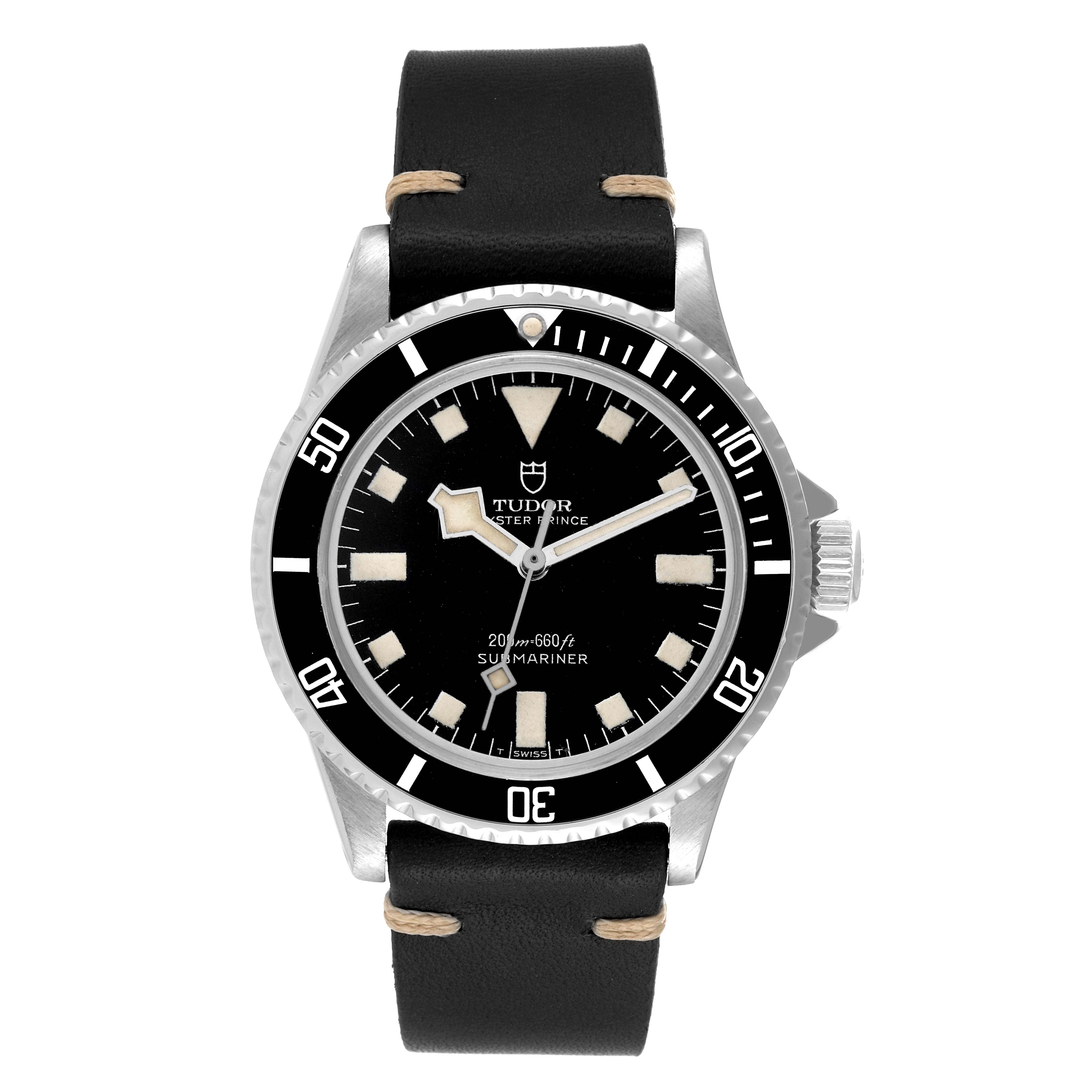 The image shows a front view of a Tudor Submariner 7016 Men
s Stainless Steel Black Dial 7016 Men
s Stainless Steel Black Dial watch with a black dial, black bezel, and black leather strap.