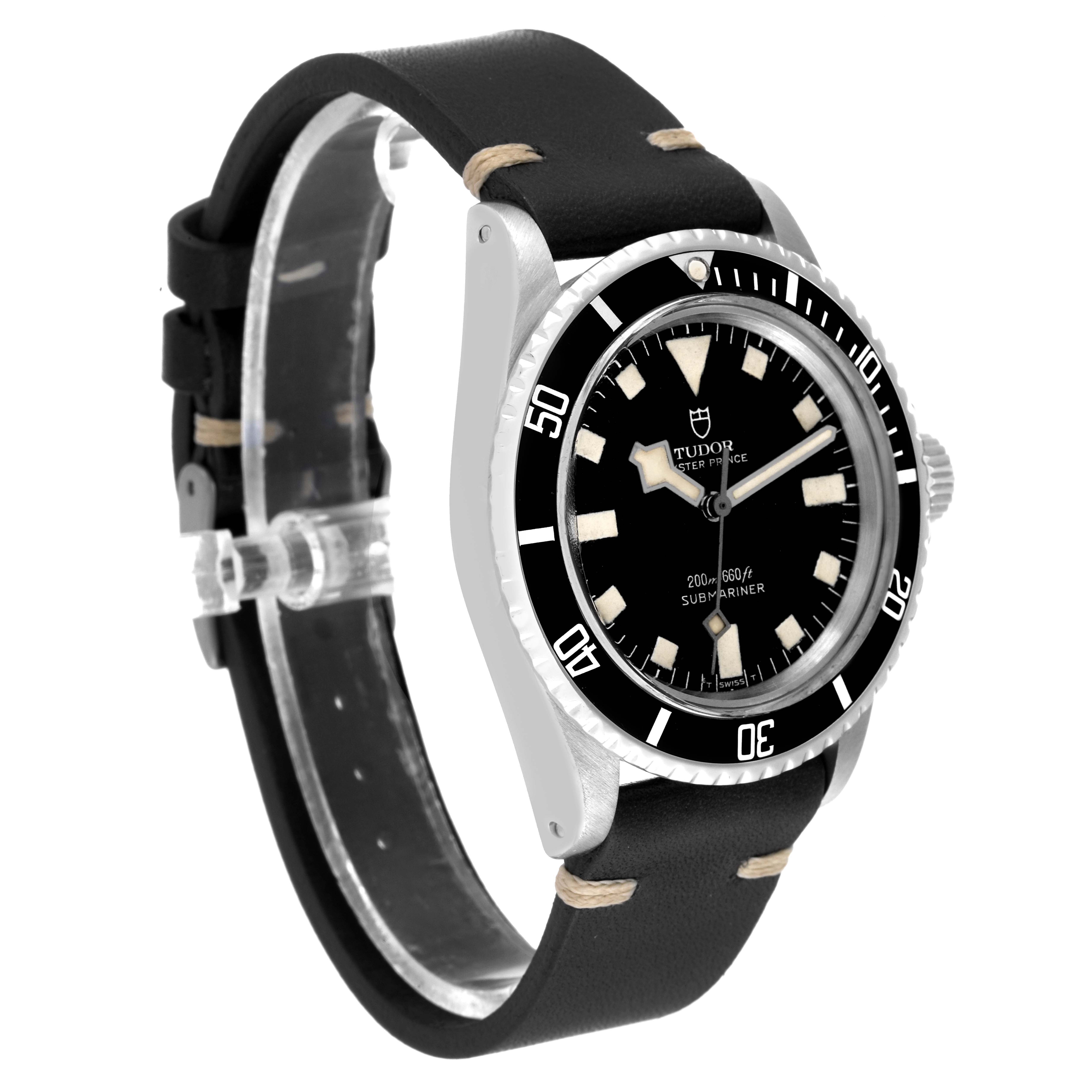 The image shows a Tudor Submariner 7016 Men
s Stainless Steel Black Dial 7016 Men
s Stainless Steel Black Dial watch from an angled side view, highlighting the watch face, bezel, and leather strap.