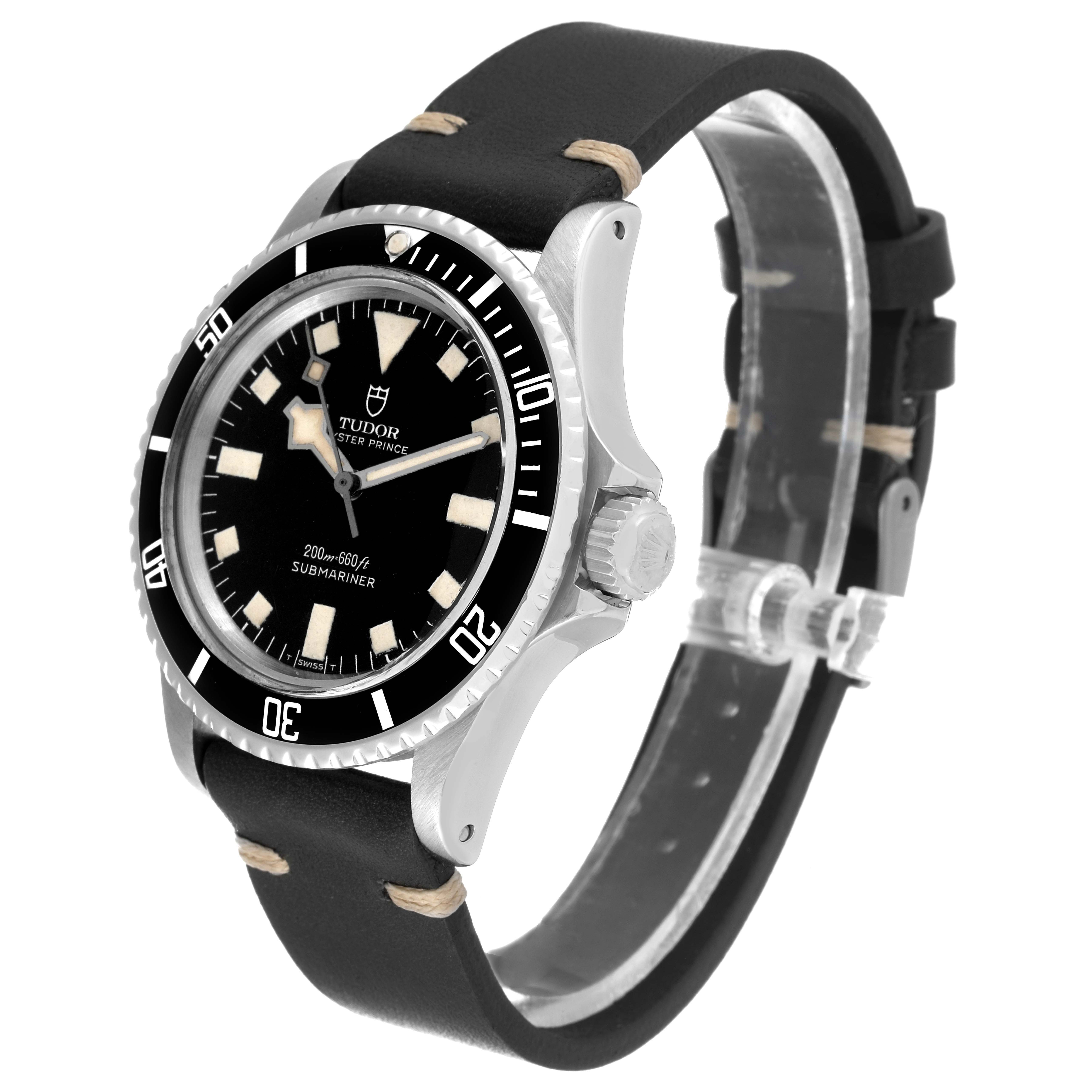 The image shows a Tudor Submariner 7016 Men
s Stainless Steel Black Dial 7016 Men
s Stainless Steel Black Dial watch angled to display the face, bezel, case, and part of the strap.