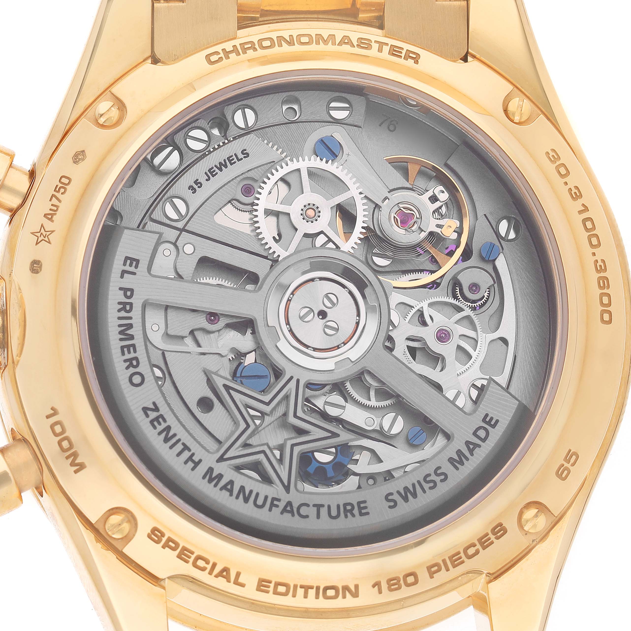 The image shows the back view of the Zenith Chronomaster 30.3100.3600 Men's Yellow Gold Green Dial, highlighting its intricate movement and gears.