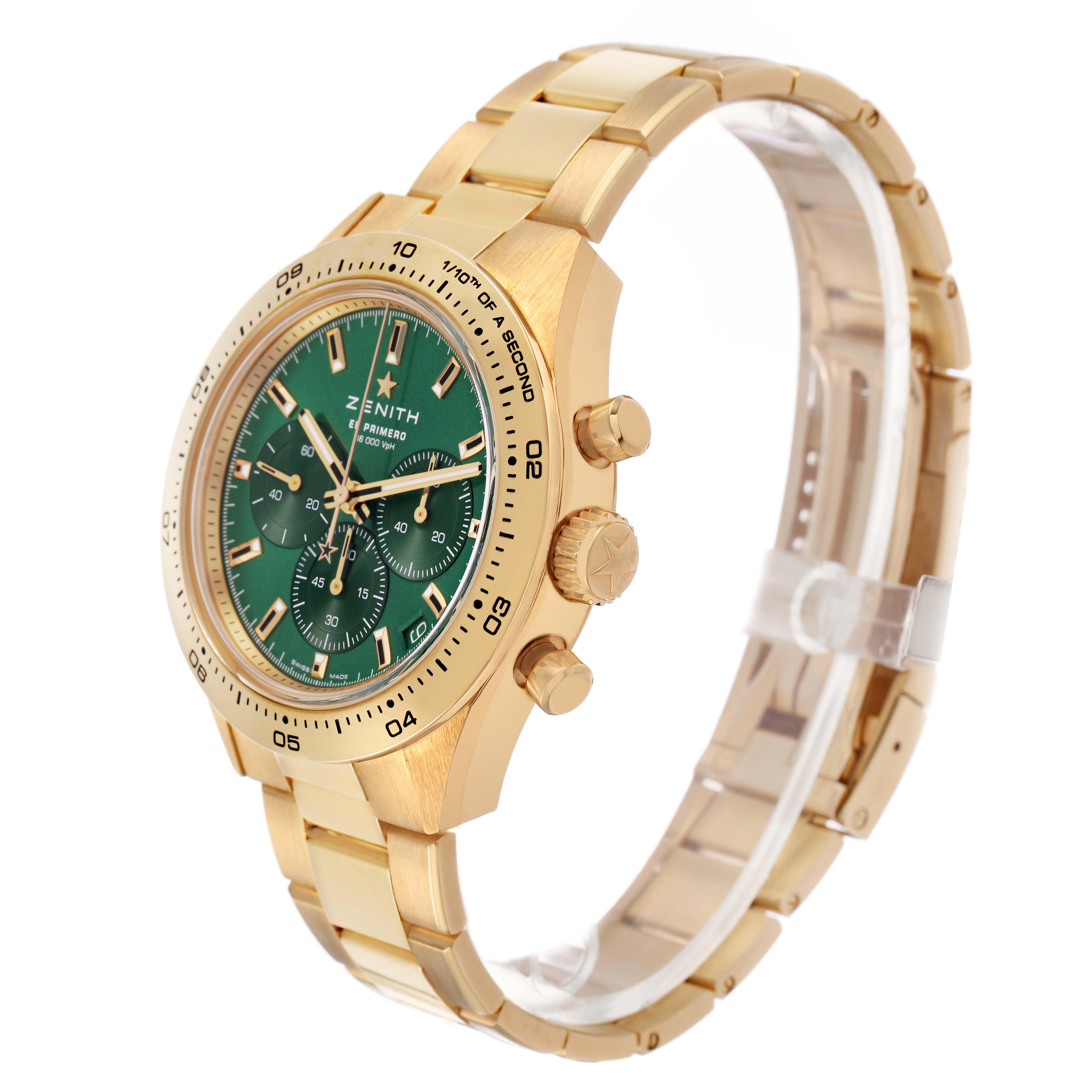 The Zenith Chronomaster 30.3100.3600 Men's Yellow Gold Green Dial watch is shown at a three-quarter angle, highlighting the gold case, green dial, and bracelet.
