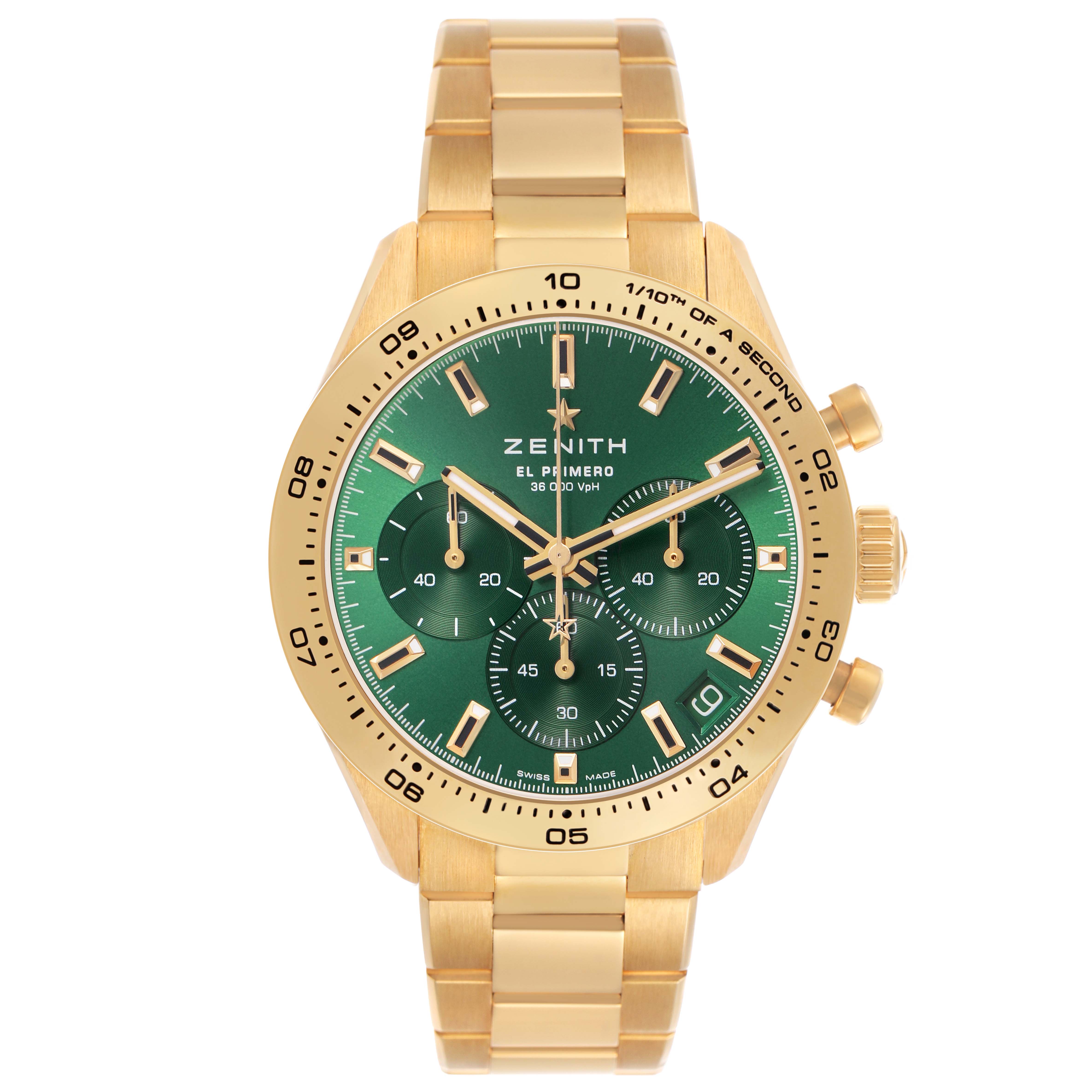 The Zenith Chronomaster 30.3100.3600 Men's Yellow Gold Green Dial watch is shown from a front angle, displaying the green dial, bezel, and bracelet.