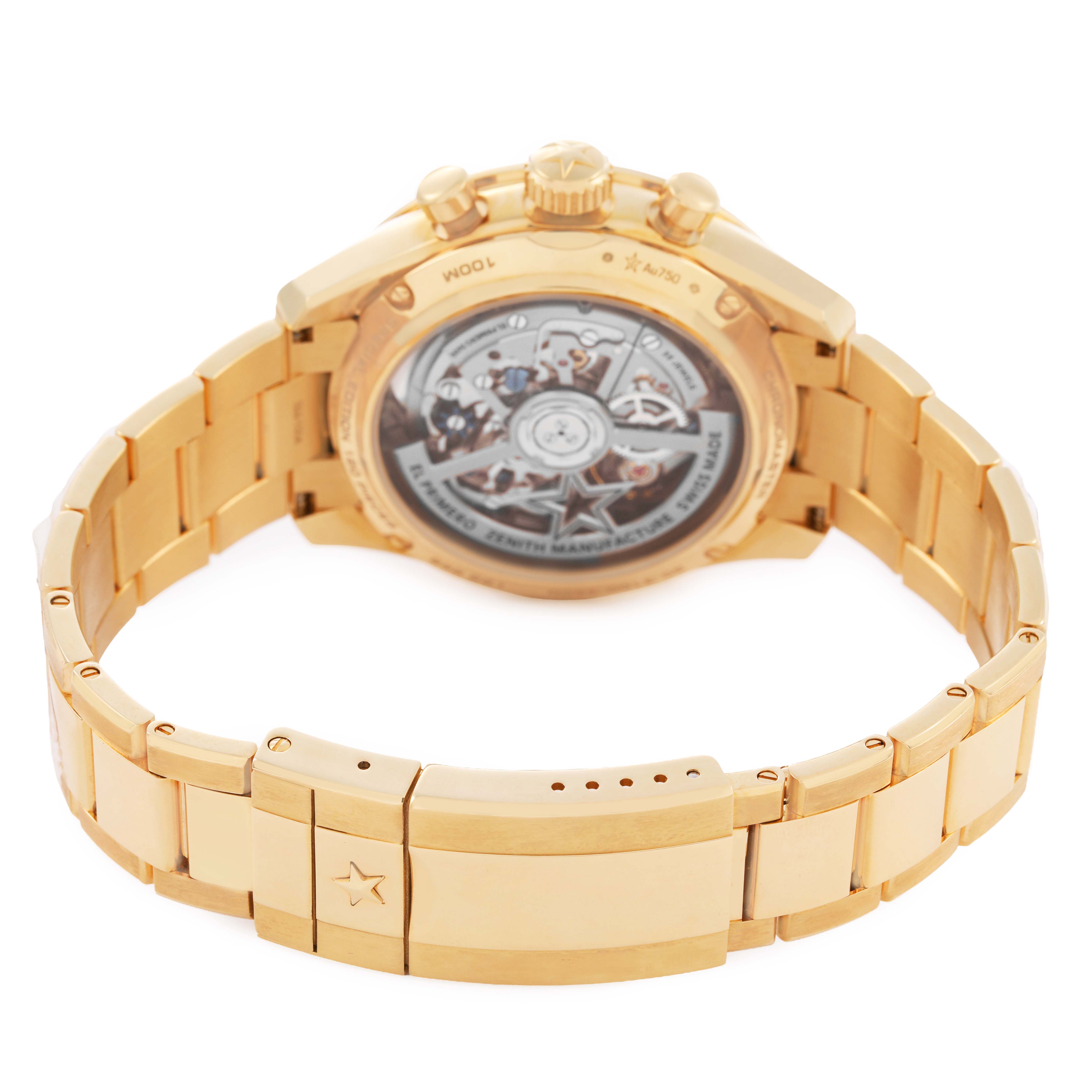 The image shows the back of a Zenith Chronomaster 30.3100.3600 Men's Yellow Gold Green Dial watch, highlighting the case back and gold bracelet.