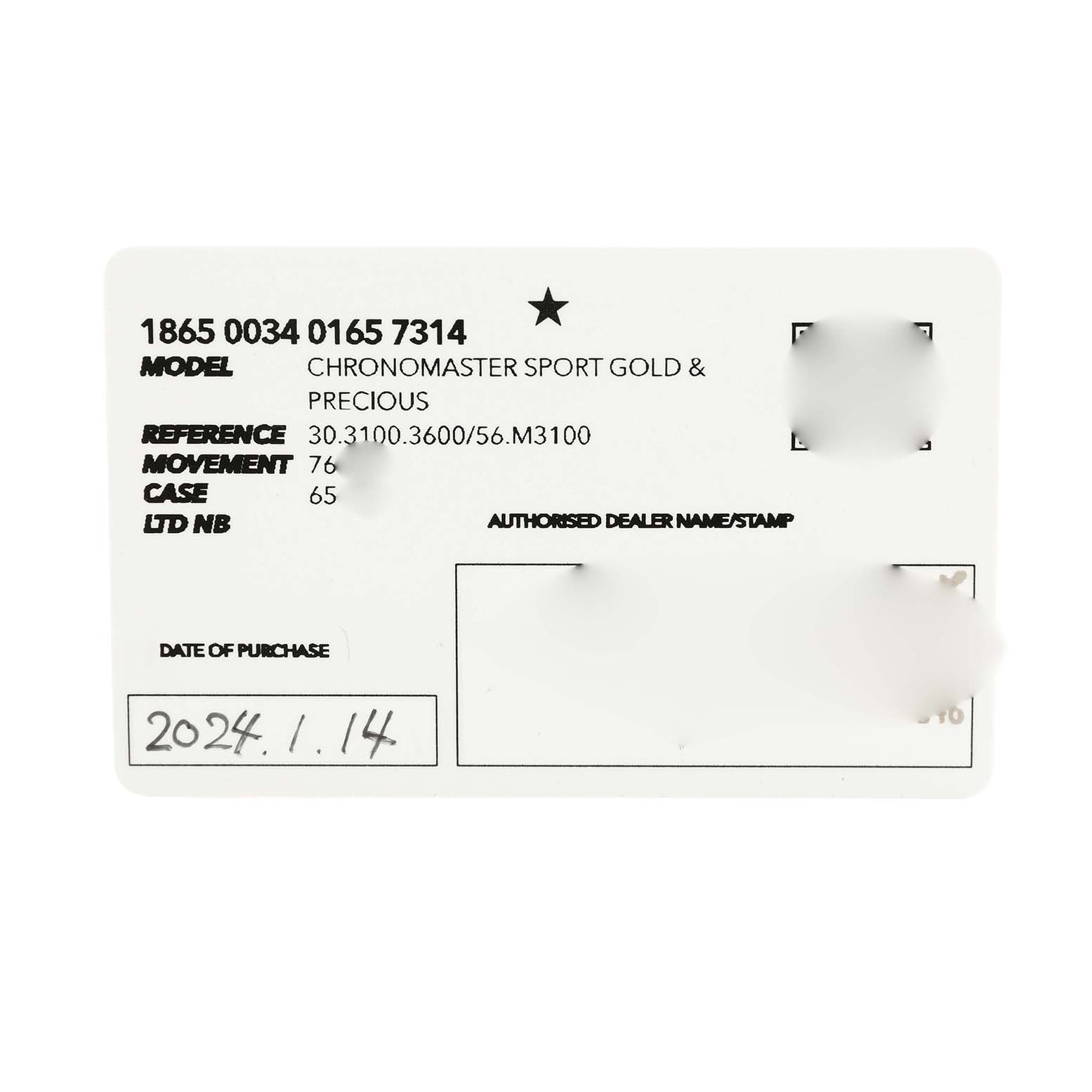 The image shows a warranty card for the Zenith Chronomaster 30.3100.3600 Men's Yellow Gold Green Dial Sport model, displaying reference and purchase information.
