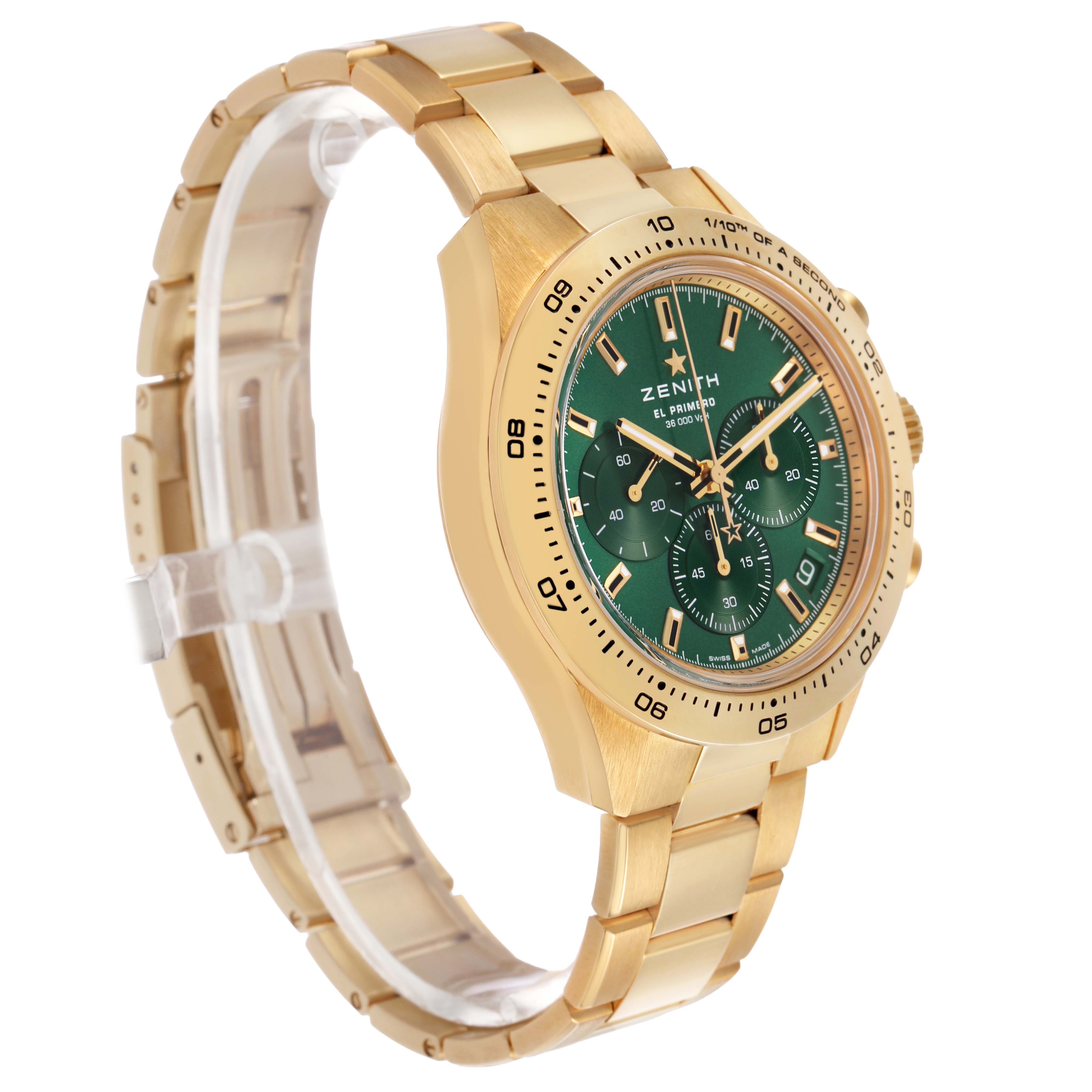 The Zenith Chronomaster 30.3100.3600 Men's Yellow Gold Green Dial watch is shown at a three-quarter angle, highlighting the green dial, bezel, and gold bracelet.