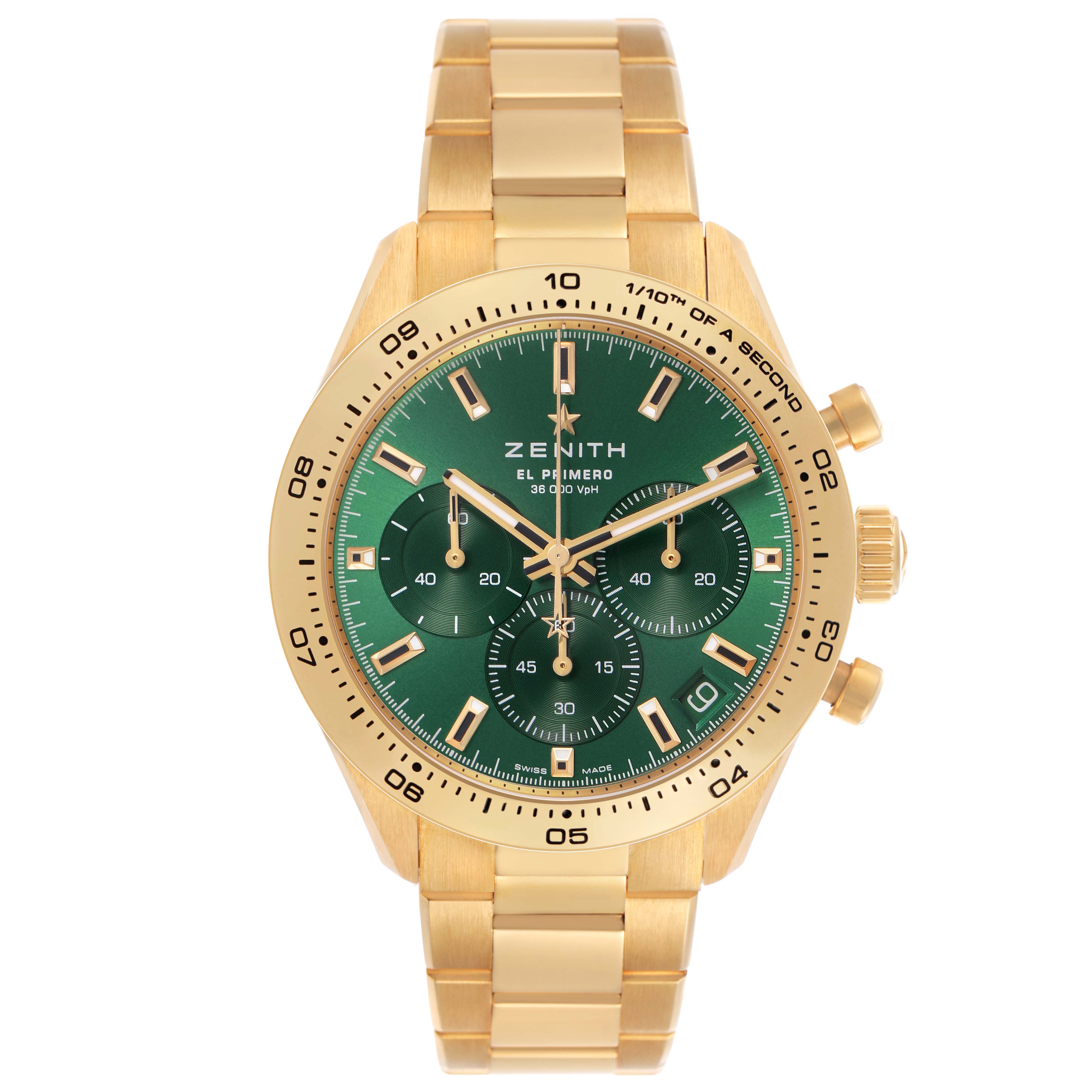 The Zenith Chronomaster 30.3100.3600 Men's Yellow Gold Green Dial watch is shown from a front view, highlighting the green dial, gold case, and matching bracelet.