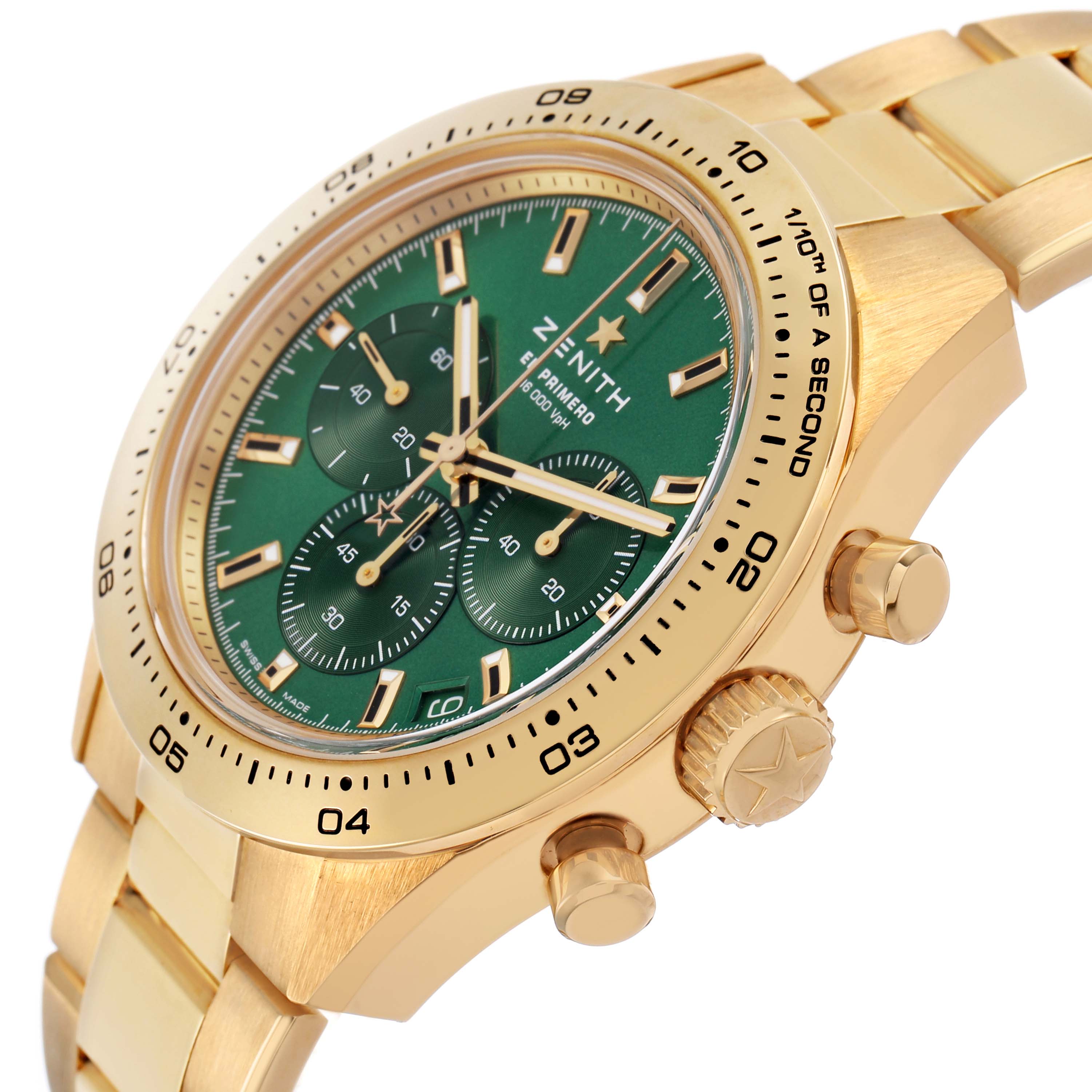 The Zenith Chronomaster 30.3100.3600 Men's Yellow Gold Green Dial watch is shown at an angled side view, displaying its green dial, bezel, and pushers.