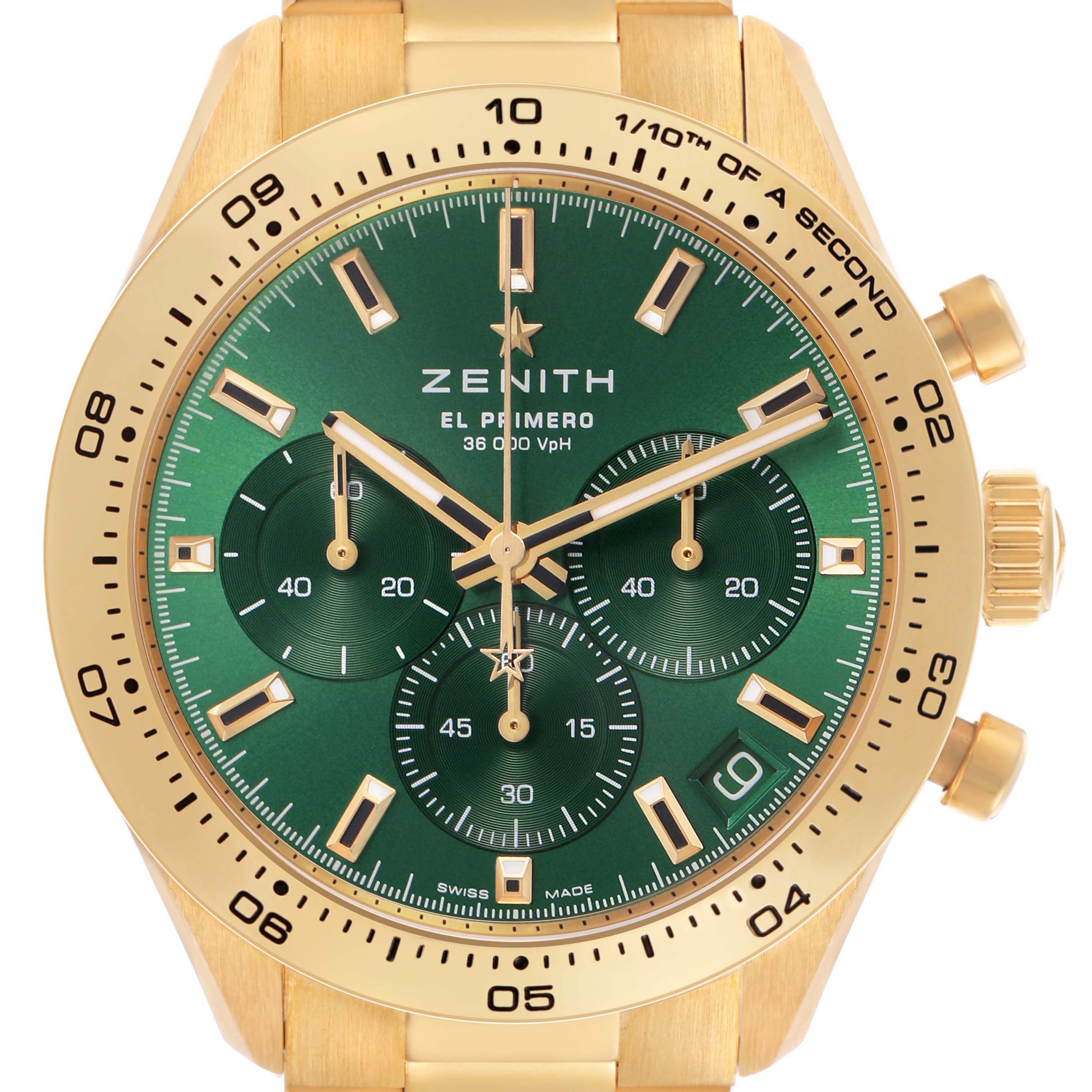 The Zenith Chronomaster 30.3100.3600 Men's Yellow Gold Green Dial watch is shown from the front, featuring a green dial with gold accents, subdials, and a gold bezel.