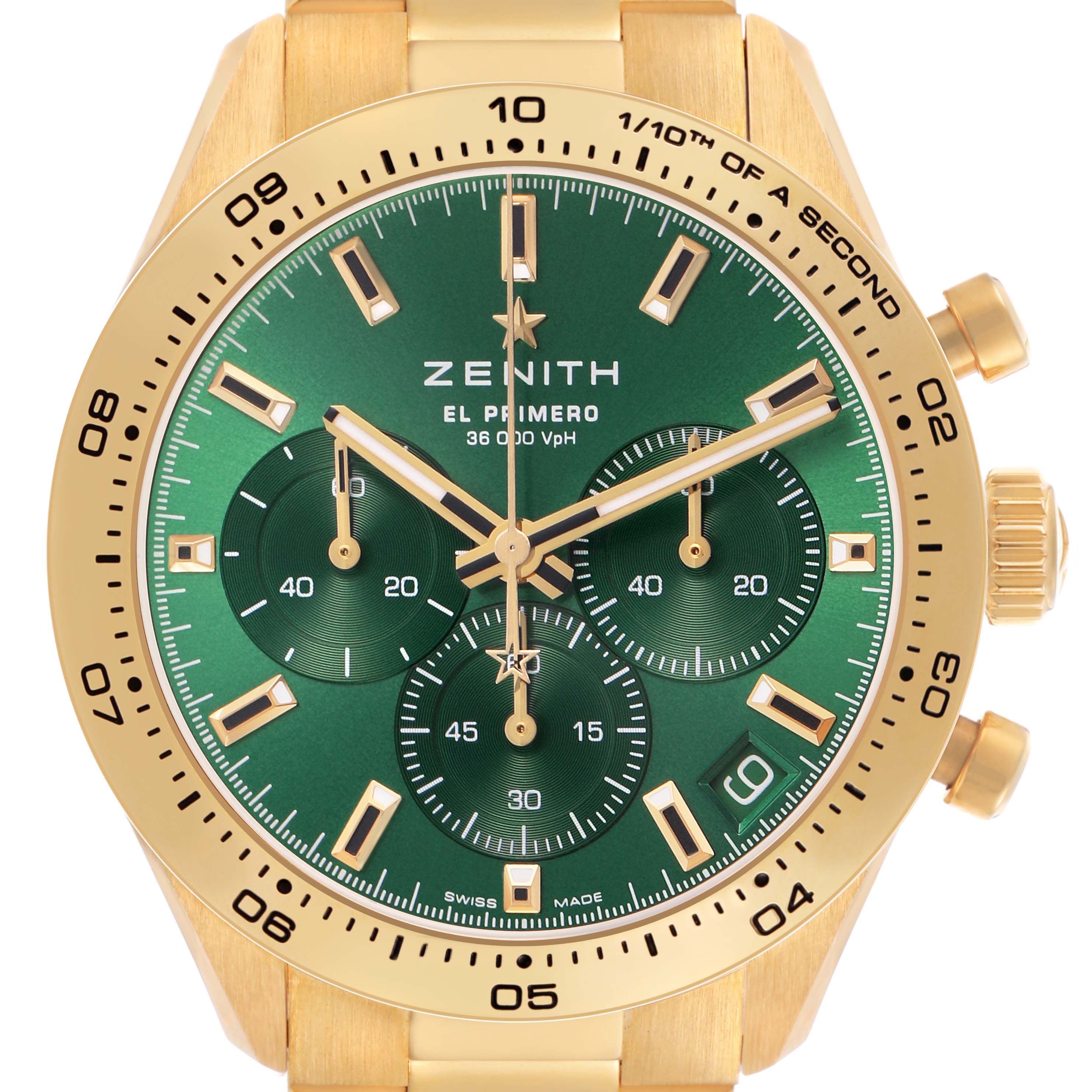 The Zenith Chronomaster 30.3100.3600 Men's Yellow Gold Green Dial watch is displayed from the front, showing its green dial, subdials, gold case, and push buttons.