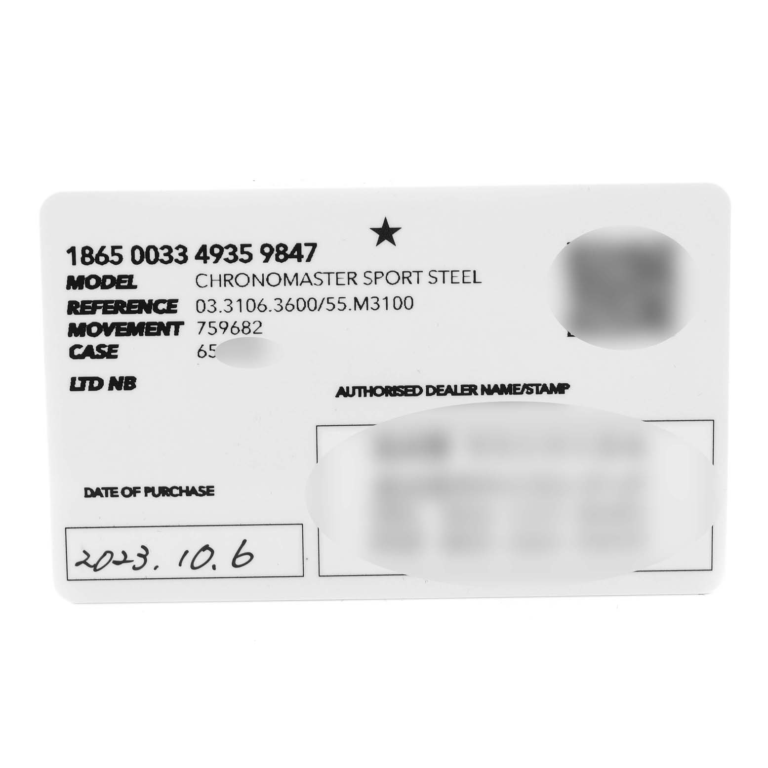 This is the warranty card for the Zenith Chronomaster 03.3106.3600/55.M3100 Men's Stainless Steel Blue Dial 03.3106.3600/55.M3100 Men's Stainless Steel Blue Dial Sport Steel watch, showing model, reference, movement, and purchase date.