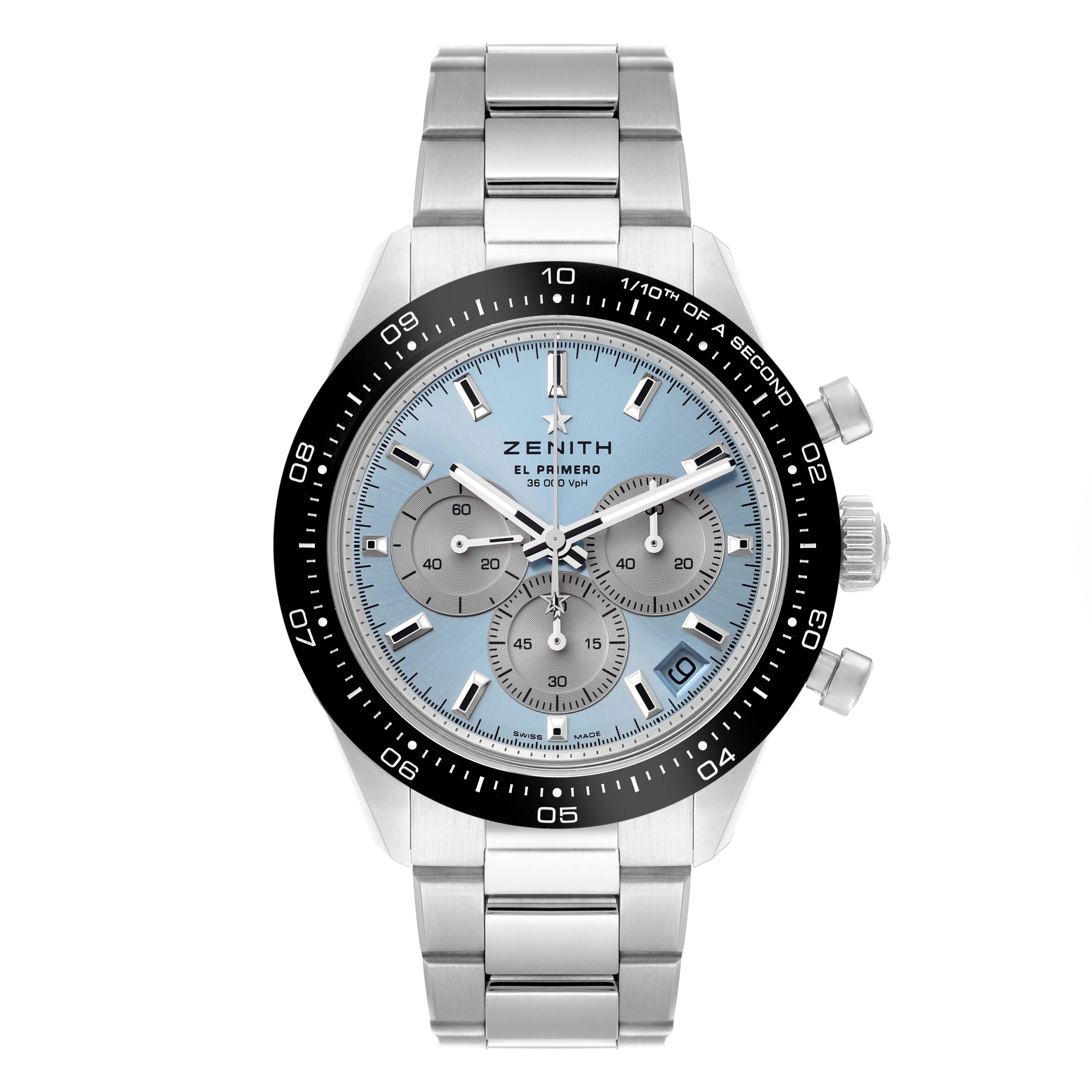 The image shows a front view of the Zenith Chronomaster 03.3106.3600/55.M3100 Men's Stainless Steel Blue Dial 03.3106.3600/55.M3100 Men's Stainless Steel Blue Dial watch, displaying its face, bezel, and bracelet.