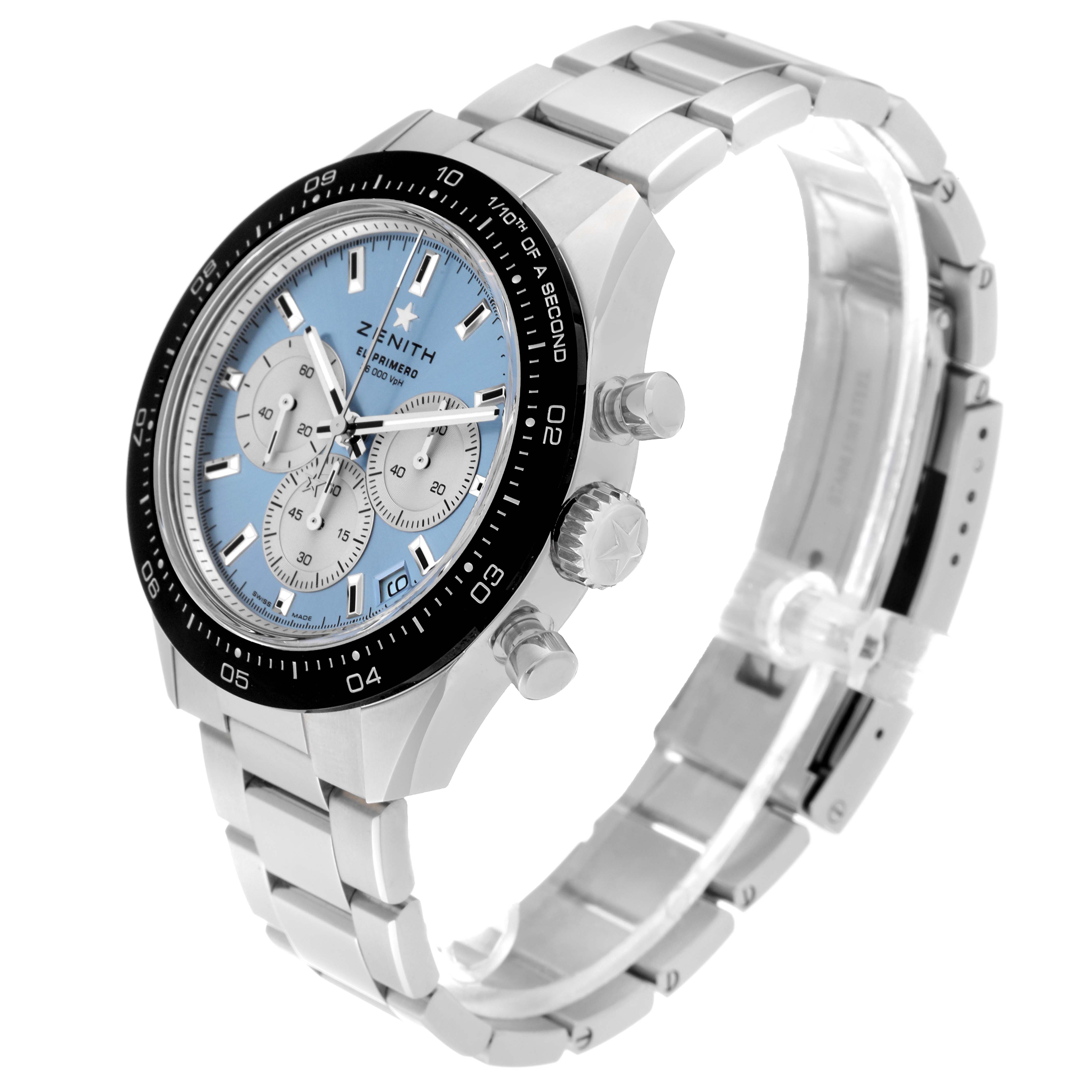 The Zenith Chronomaster 03.3106.3600/55.M3100 Men's Stainless Steel Blue Dial 03.3106.3600/55.M3100 Men's Stainless Steel Blue Dial watch is shown at a side angle, highlighting its face, crown, pushers, and bracelet.