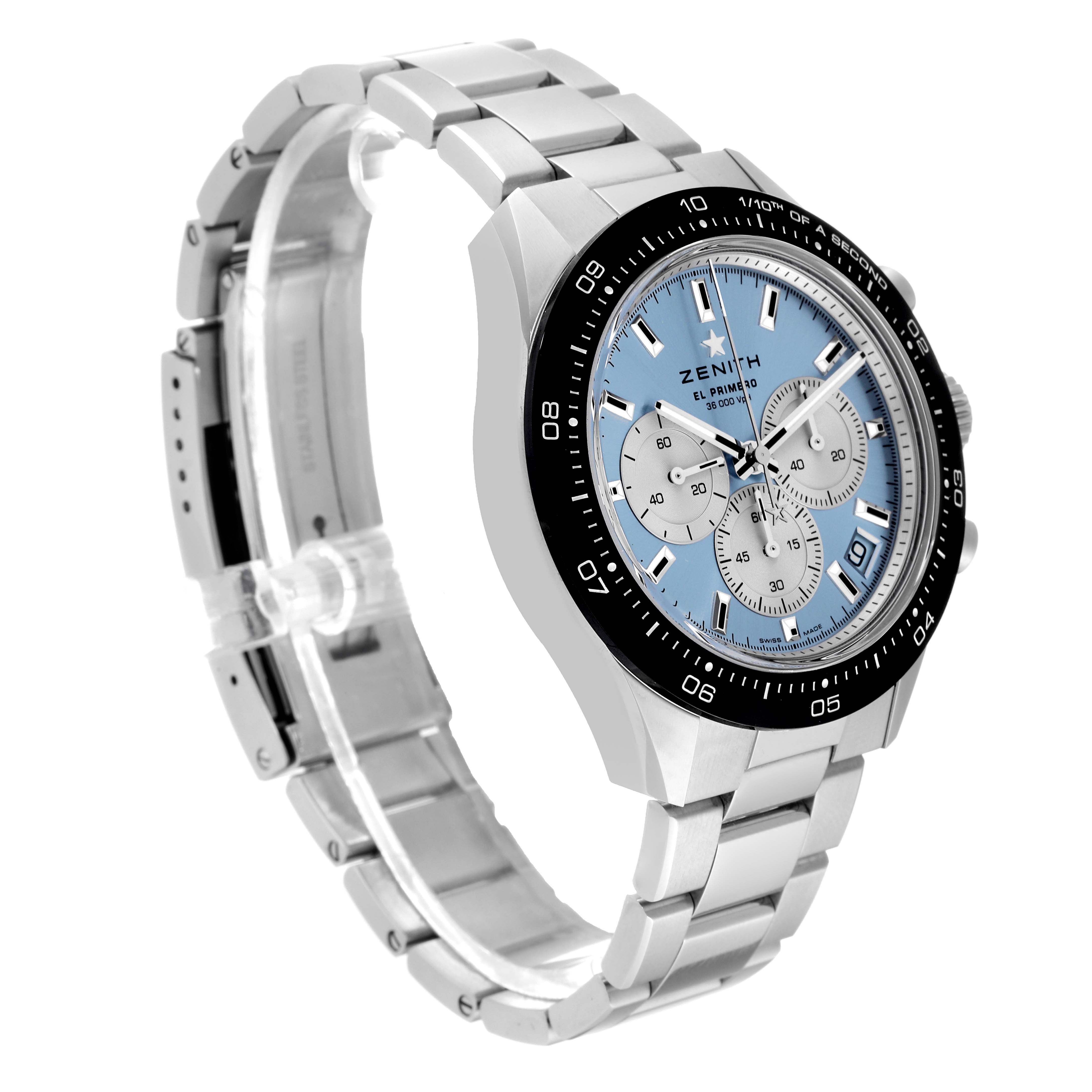 The Zenith Chronomaster 03.3106.3600/55.M3100 Men's Stainless Steel Blue Dial 03.3106.3600/55.M3100 Men's Stainless Steel Blue Dial watch is shown at a three-quarter angle, highlighting the dial, bezel, and band with a clear view of the clasp.