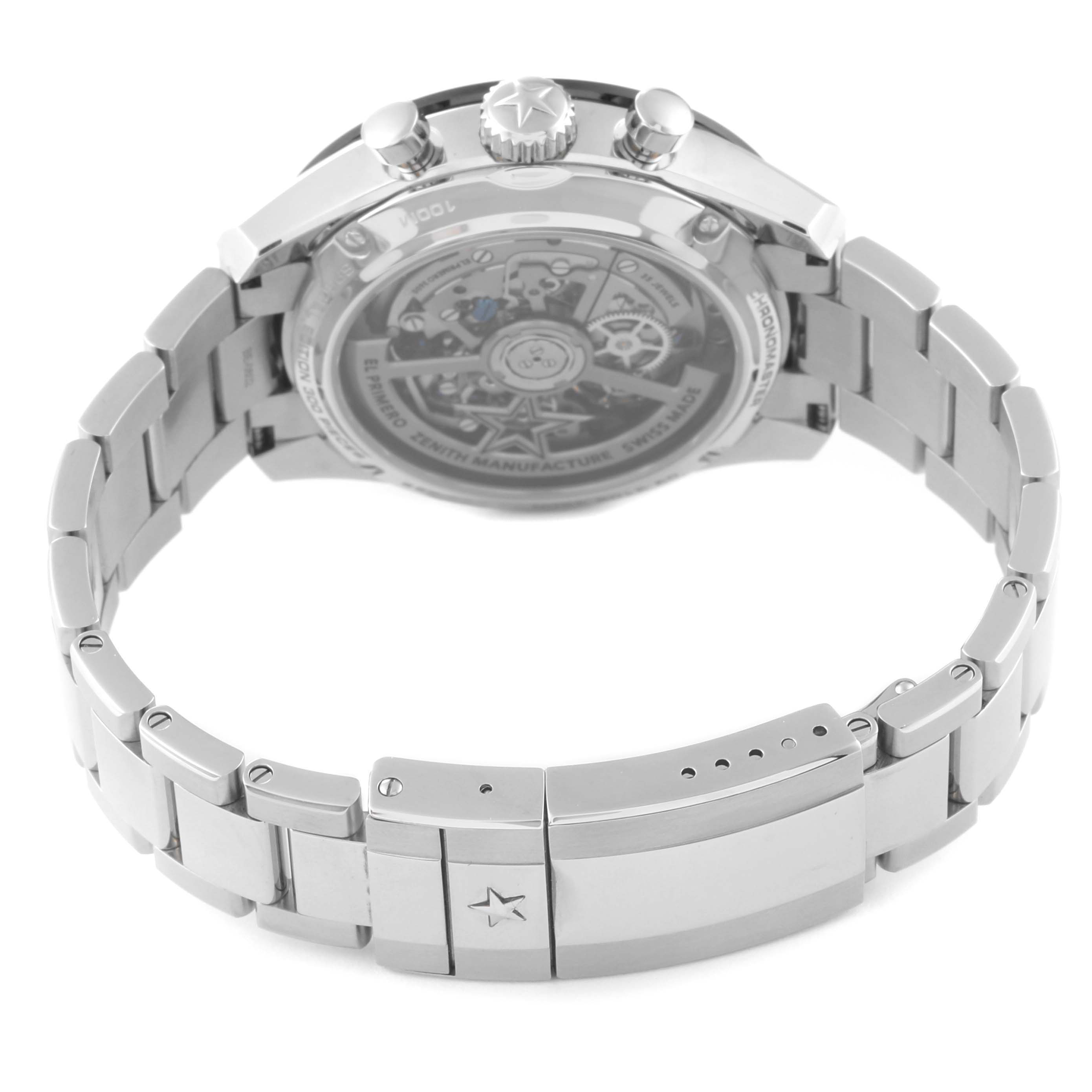 The image shows the back view of the Zenith Chronomaster 03.3106.3600/55.M3100 Men's Stainless Steel Blue Dial 03.3106.3600/55.M3100 Men's Stainless Steel Blue Dial watch, highlighting the metal bracelet and transparent case back.