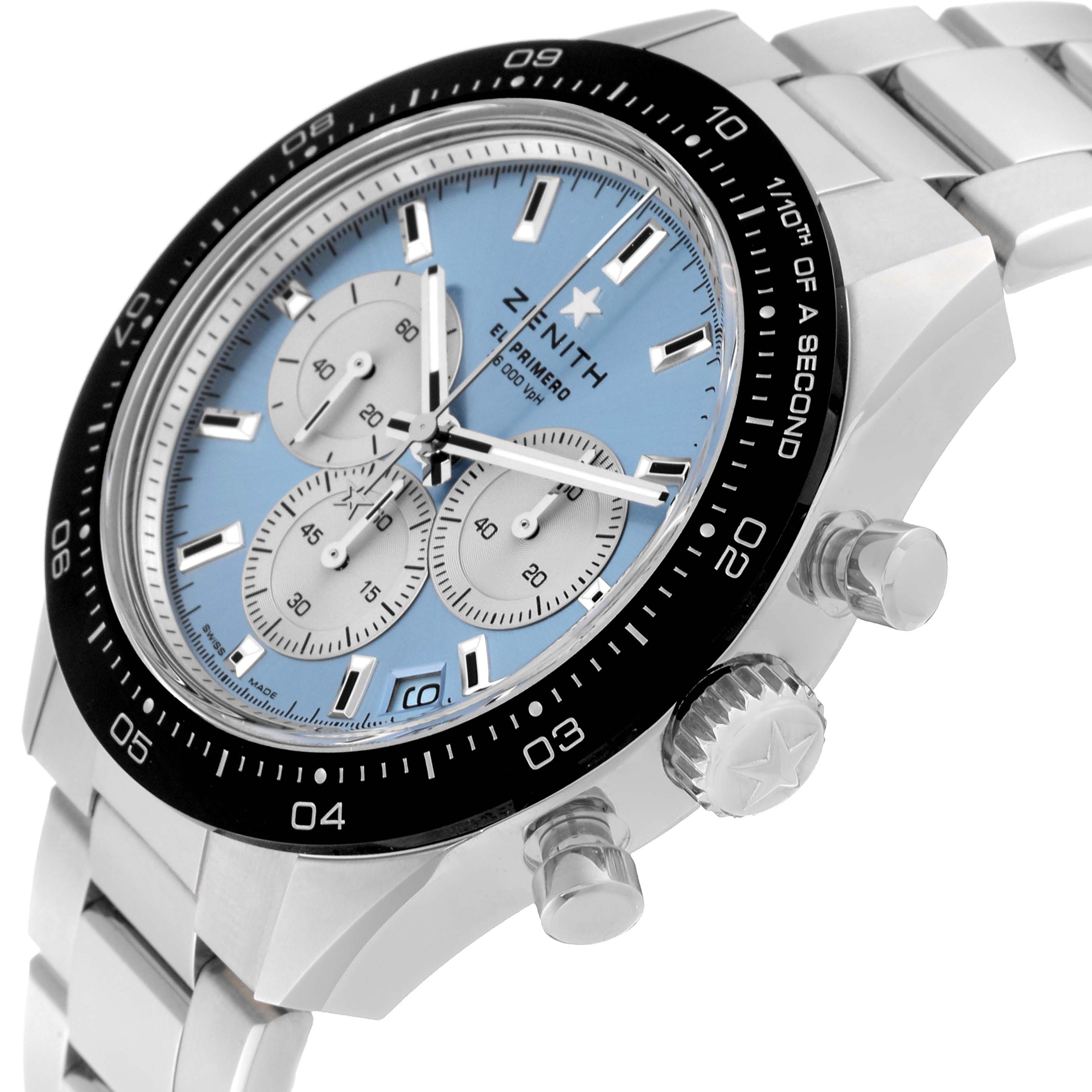 This Zenith Chronomaster 03.3106.3600/55.M3100 Men's Stainless Steel Blue Dial 03.3106.3600/55.M3100 Men's Stainless Steel Blue Dial watch is shown at a three-quarter angle, highlighting the dial, bezel, pushers, and part of the bracelet.