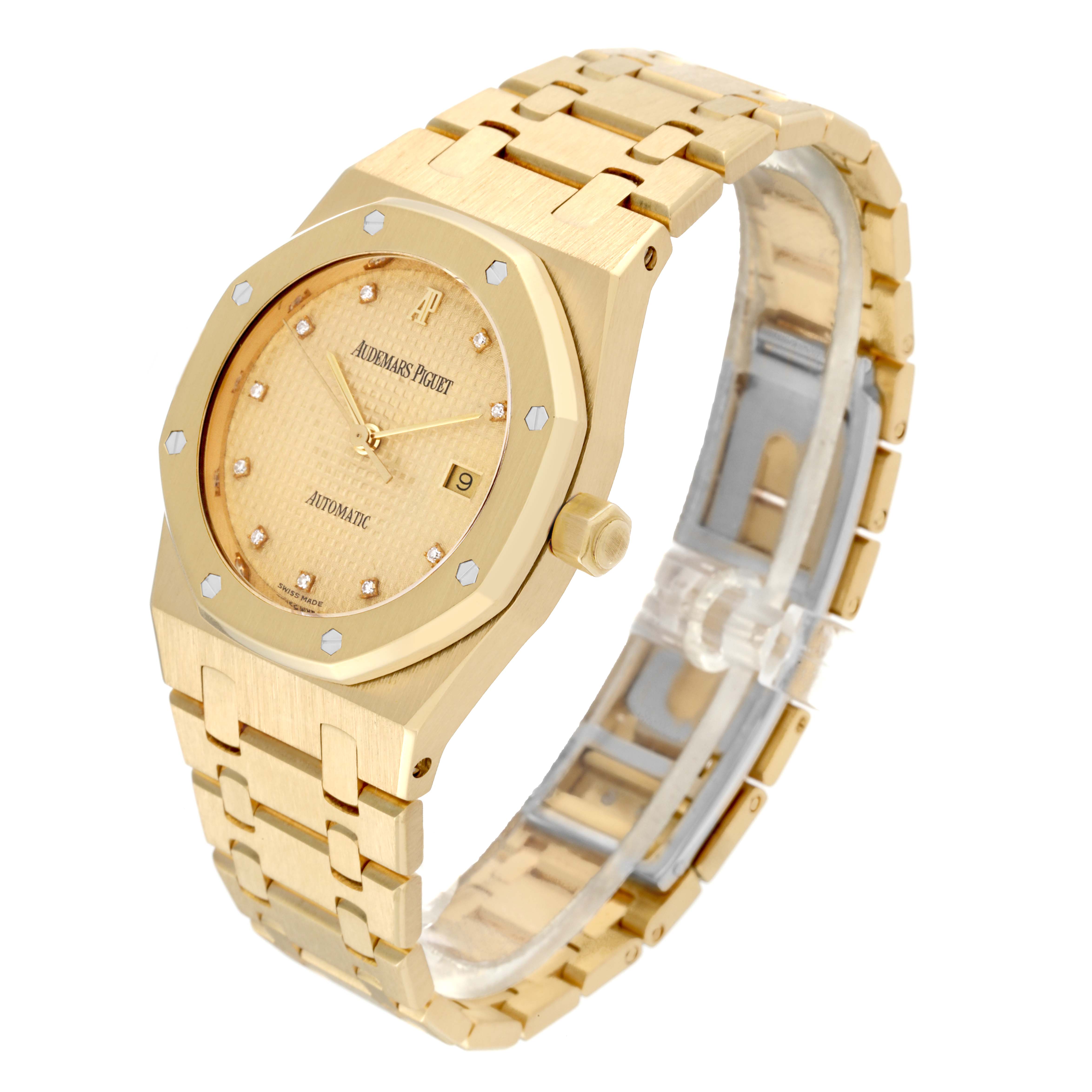 The image shows a Royal Oak watch by Audemars Piguet, highlighting its octagonal bezel, dial, hands, and bracelet from a three-quarter angle.