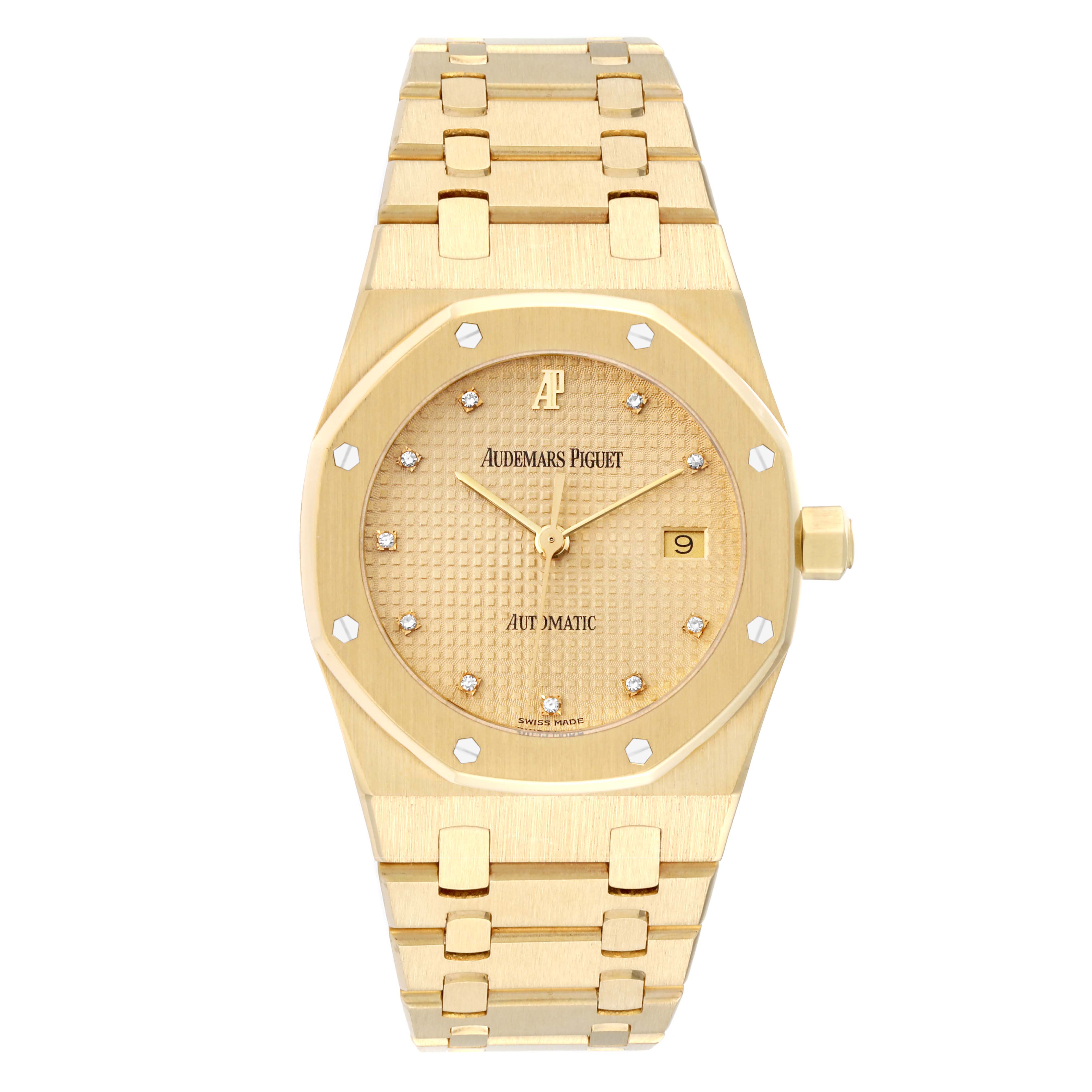 The image shows a front view of the Audemars Piguet Royal Oak 15000BA.OO.0789BA.04 Men's Yellow Gold Champagne Dial 15000BA.OO.0789BA.04 Men's Yellow Gold Champagne Dial watch, highlighting its dial, bezel, and bracelet.