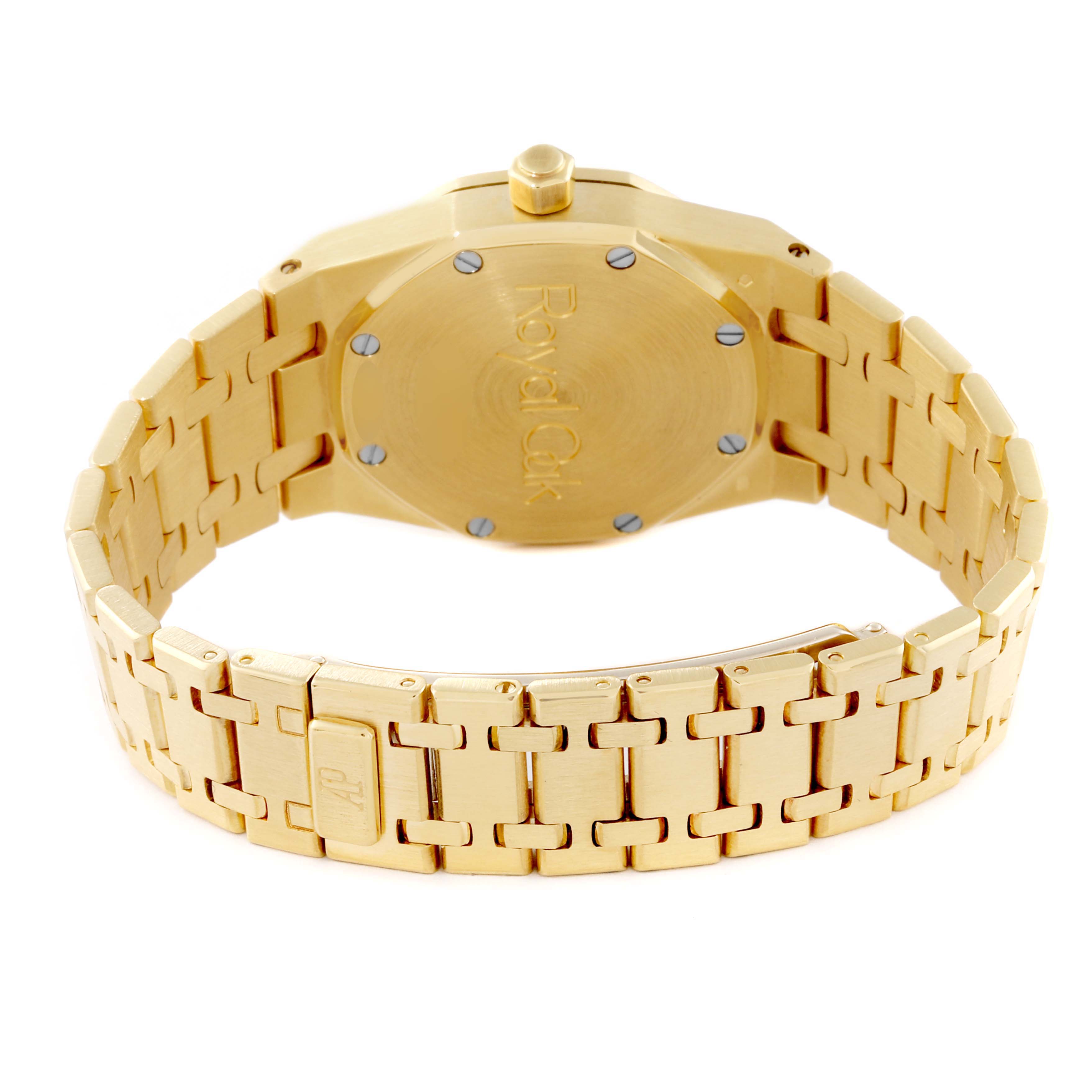 The image shows the back case and bracelet of an Audemars Piguet Royal Oak 15000BA.OO.0789BA.04 Men's Yellow Gold Champagne Dial 15000BA.OO.0789BA.04 Men's Yellow Gold Champagne Dial watch from a rear angle.