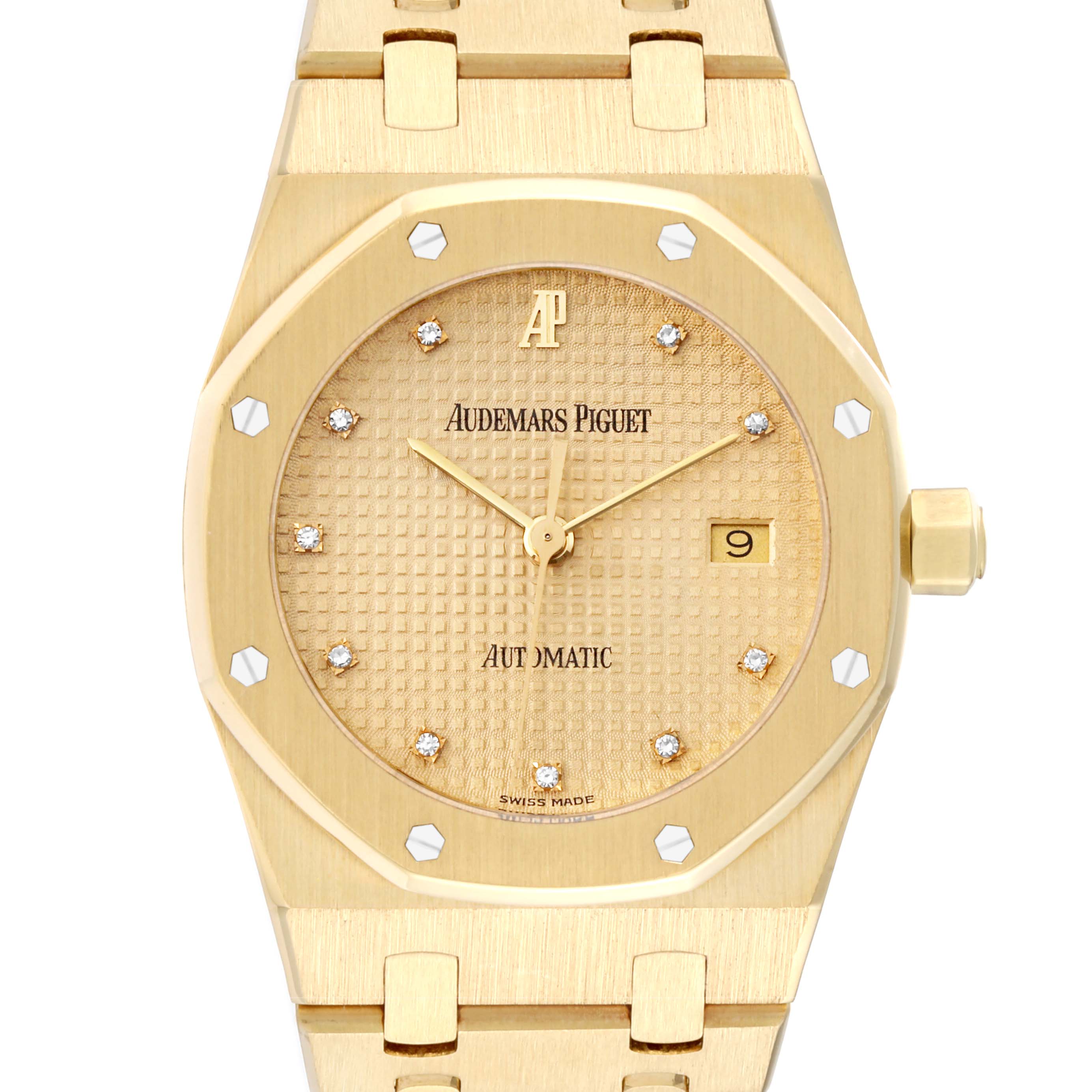 This image shows the dial, bezel, and part of the bracelet of the Audemars Piguet Royal Oak 15000BA.OO.0789BA.04 Men's Yellow Gold Champagne Dial 15000BA.OO.0789BA.04 Men's Yellow Gold Champagne Dial watch, viewed from the front.