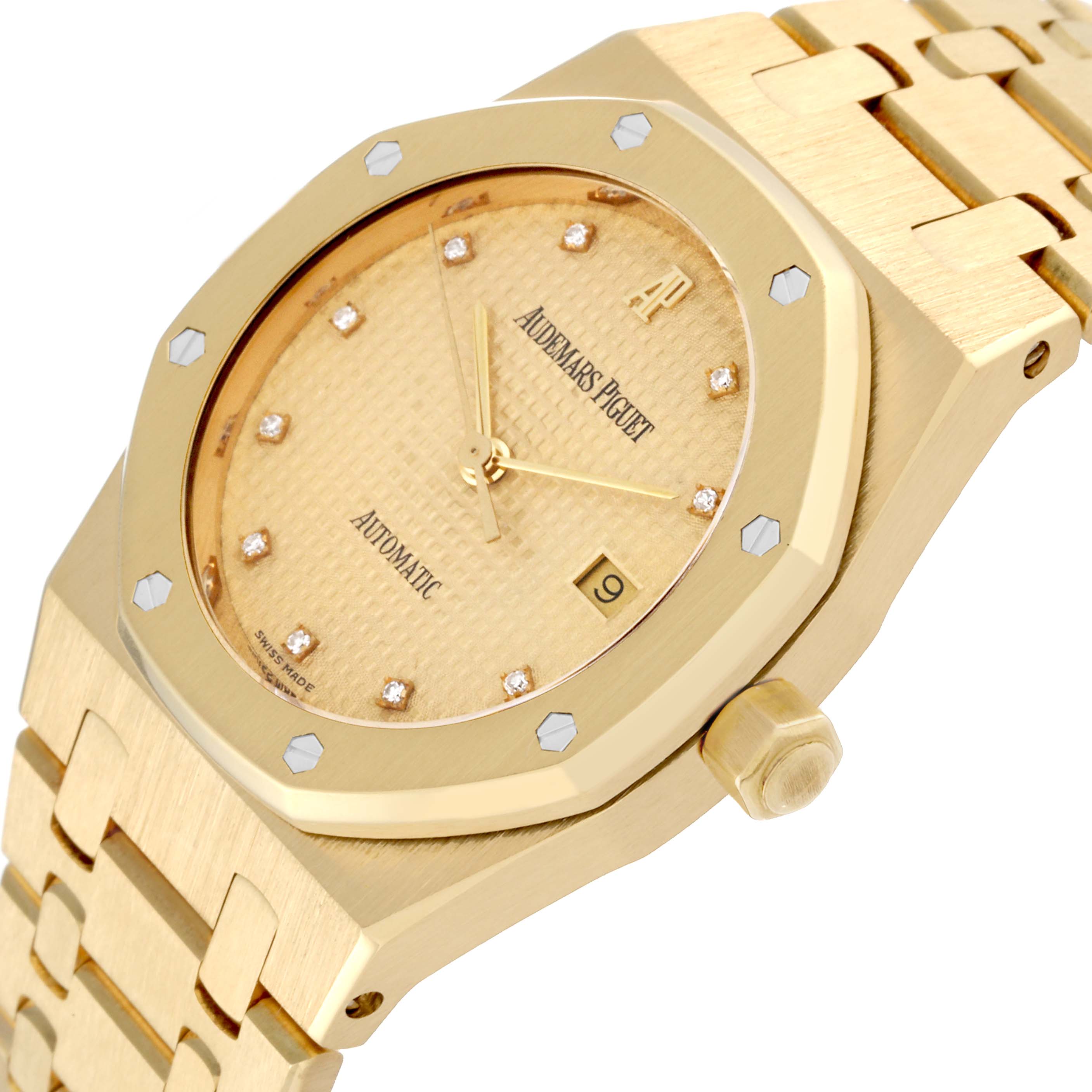 The image shows a close-up angled view of the Audemars Piguet Royal Oak 15000BA.OO.0789BA.04 Men's Yellow Gold Champagne Dial 15000BA.OO.0789BA.04 Men's Yellow Gold Champagne Dial watch, highlighting its dial, bezel, crown, and part of the bracelet.