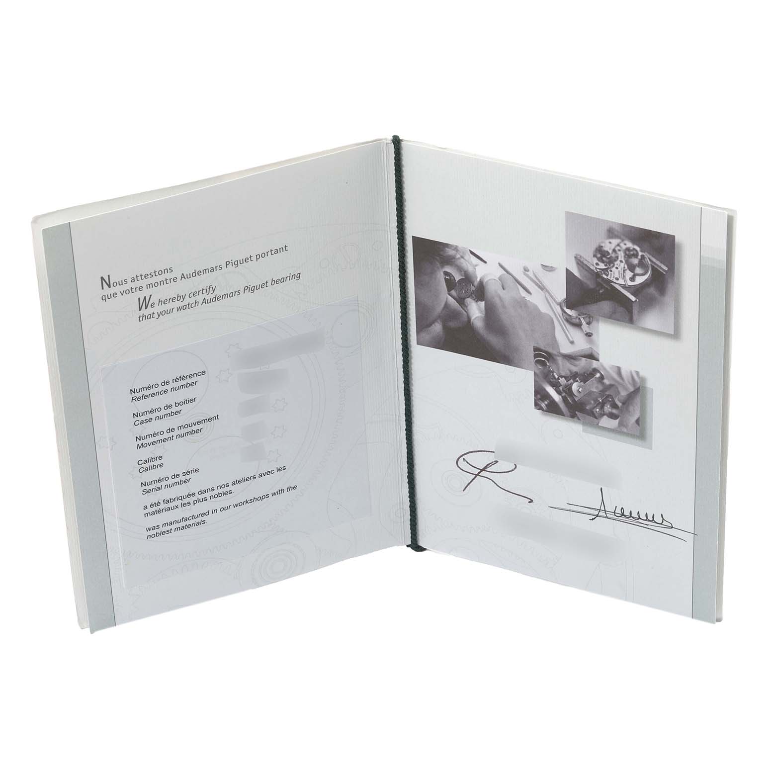 This image shows the open warranty booklet for the Royal Oak model by Audemars Piguet.