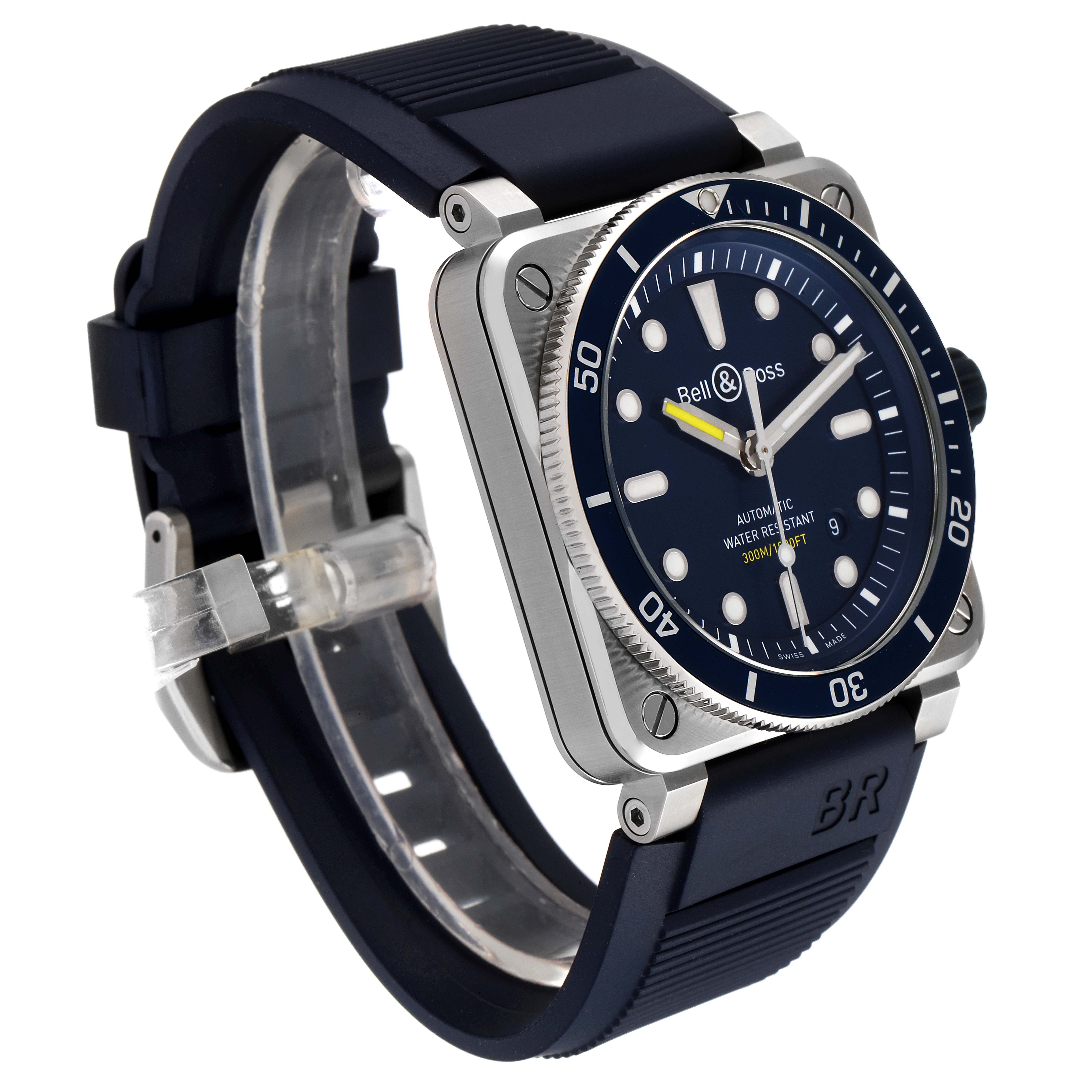 The Bell & Ross Diver model watch is shown from a front-left angle, displaying the dial, bezel, case, and strap.