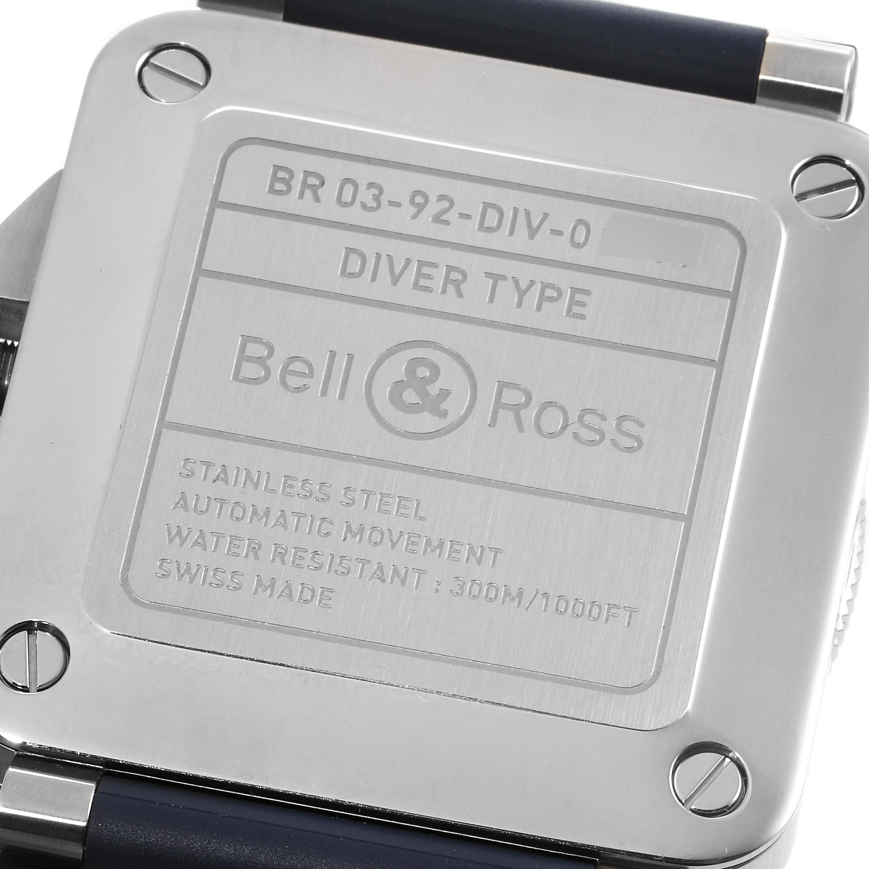 This image shows the back case of the Bell & Ross Diver model watch, highlighting its specifications and brand engraving.