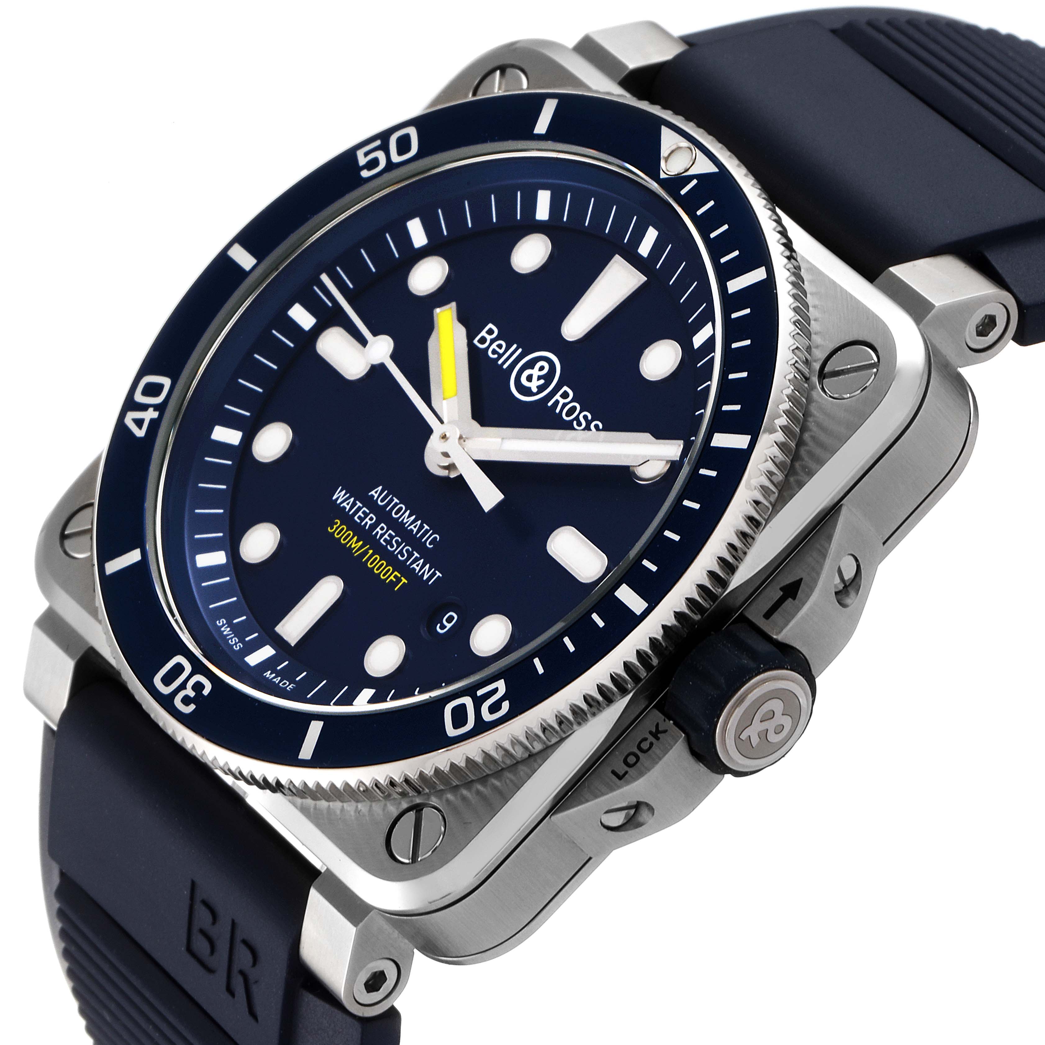 This image showcases a Bell & Ross Diver model watch at an angled, close-up view, highlighting its bezel, dial, and strap.