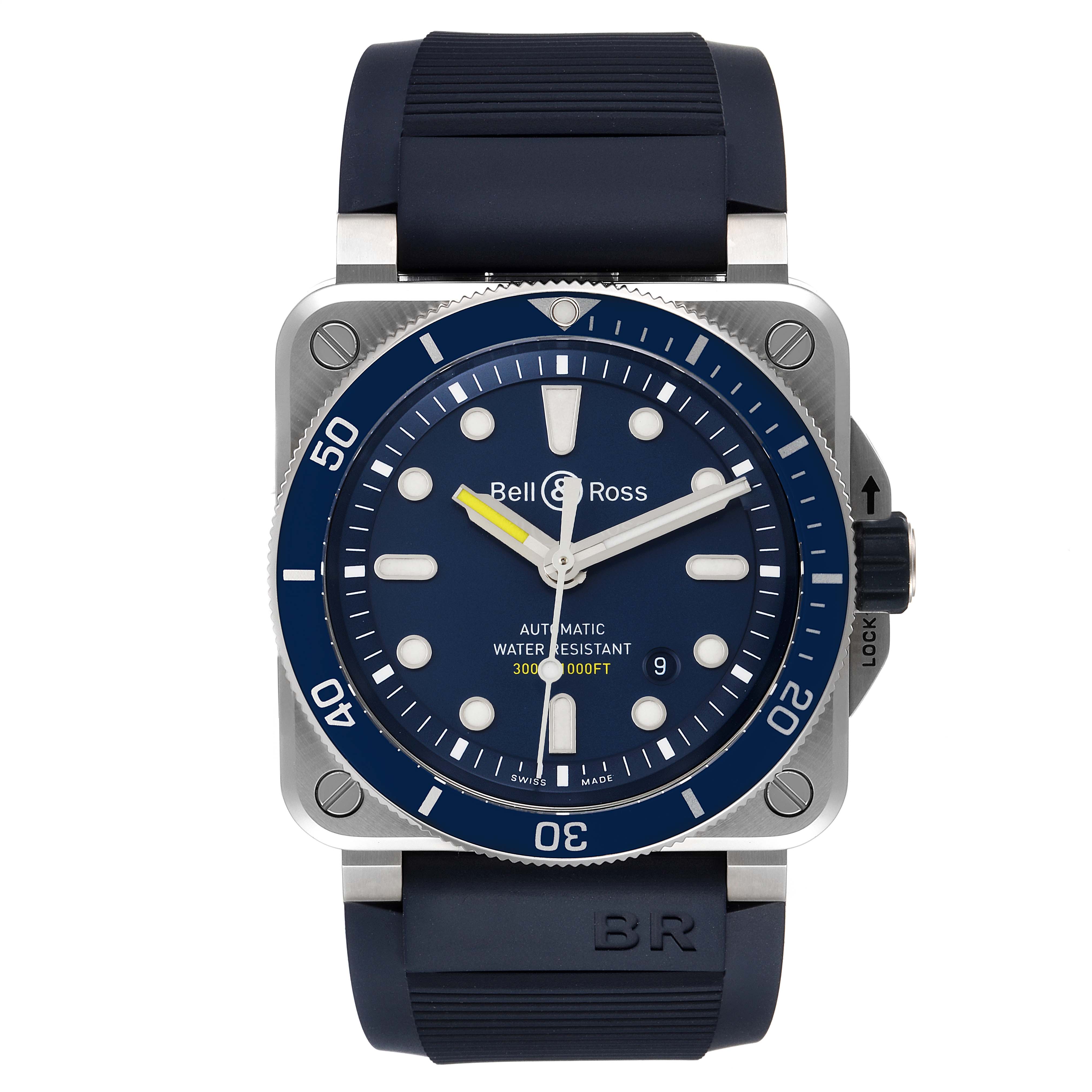 The image shows a front view of the Bell & Ross Diver model watch, highlighting its dial, bezel, and strap.