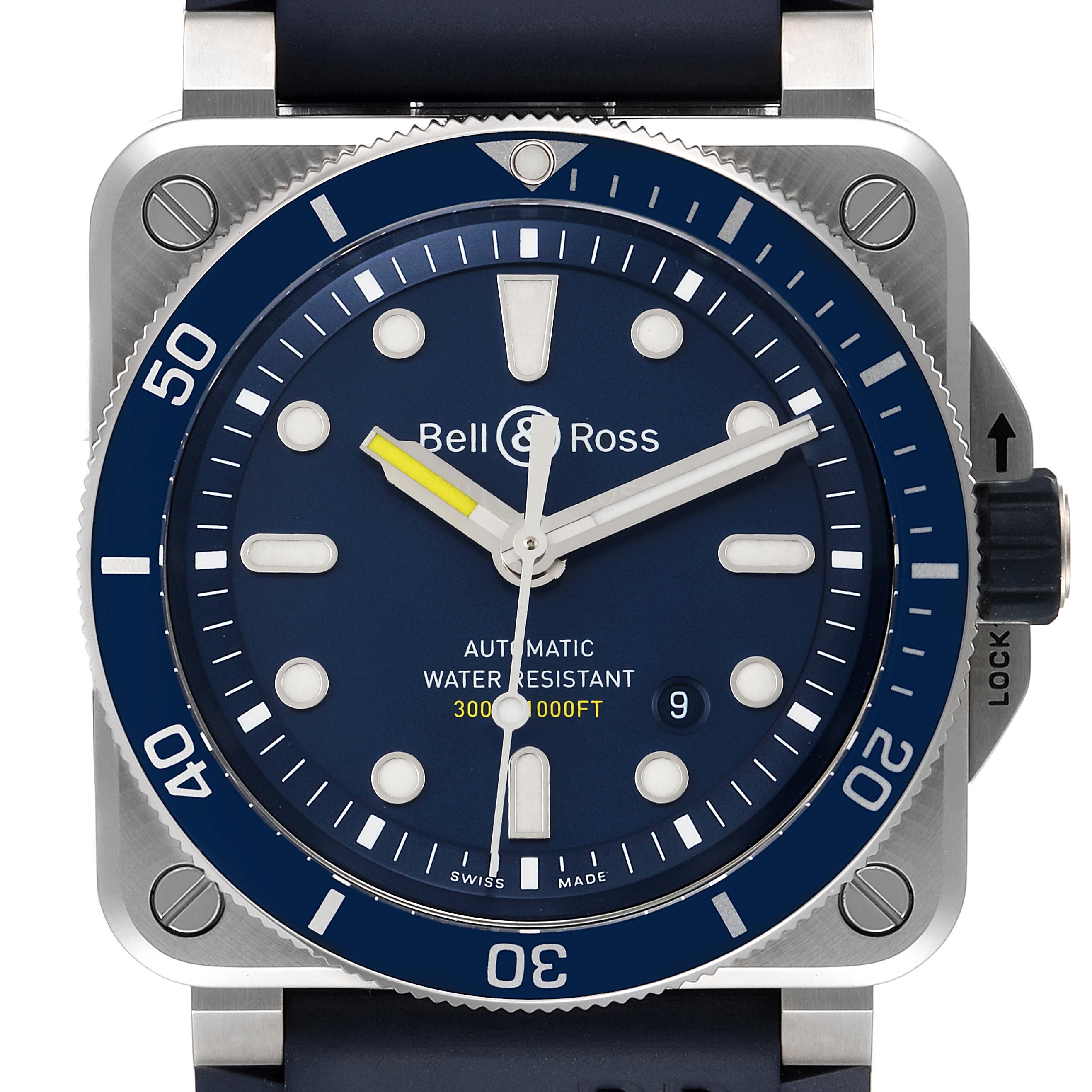 The watch shown is a Bell & Ross Instruments BR0392-D-BU-ST/SRB Men's Stainless Steel Blue Dial BR0392-D-BU-ST/SRB Men's Stainless Steel Blue Dial model, viewed from the front, displaying the dial and bezel.