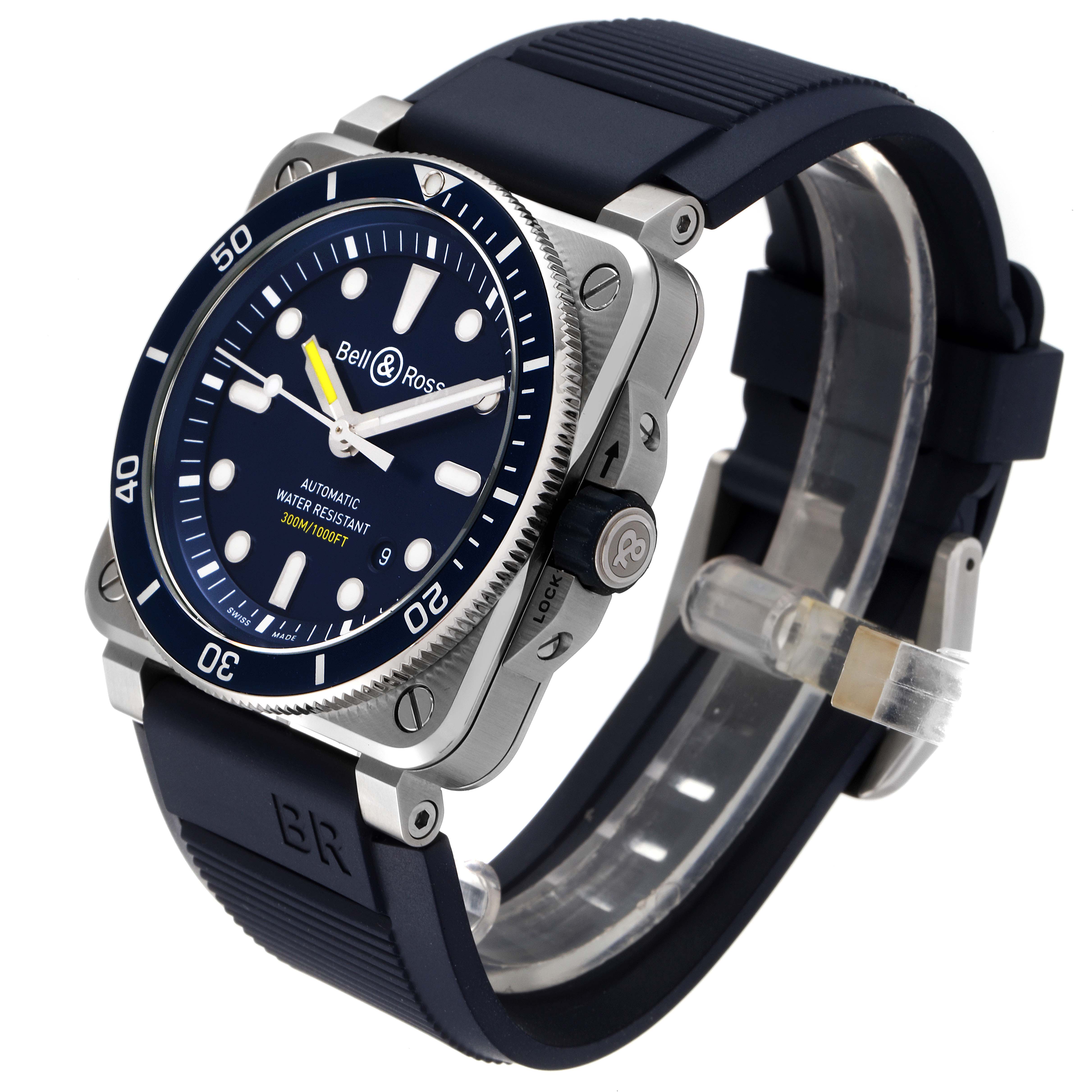 The image shows a Bell & Ross Diver model watch angled from the upper right, displaying the face, bezel, strap, and crown.