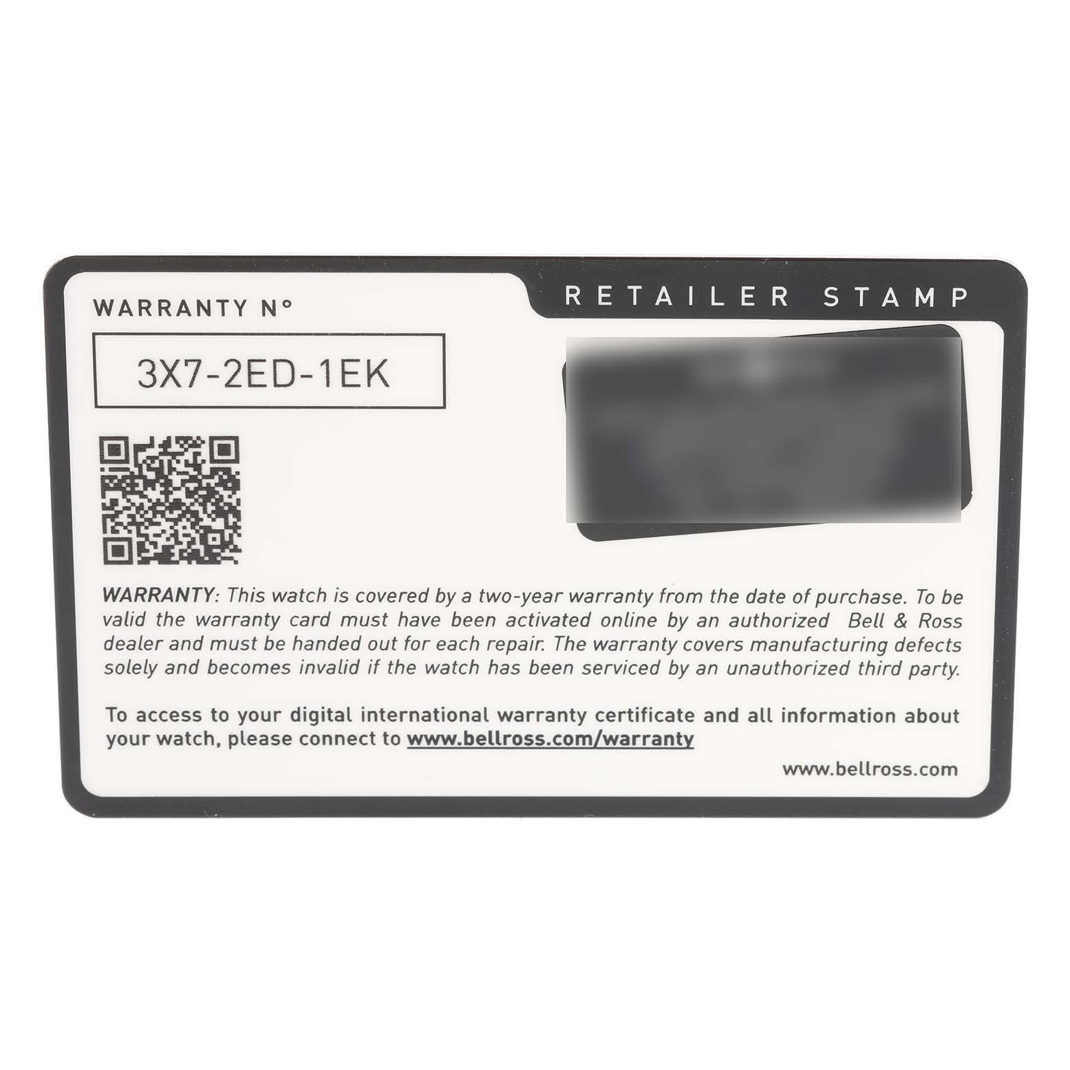 The image shows a warranty card for the Bell & Ross Diver model watch, featuring the warranty number and retailer stamp section.