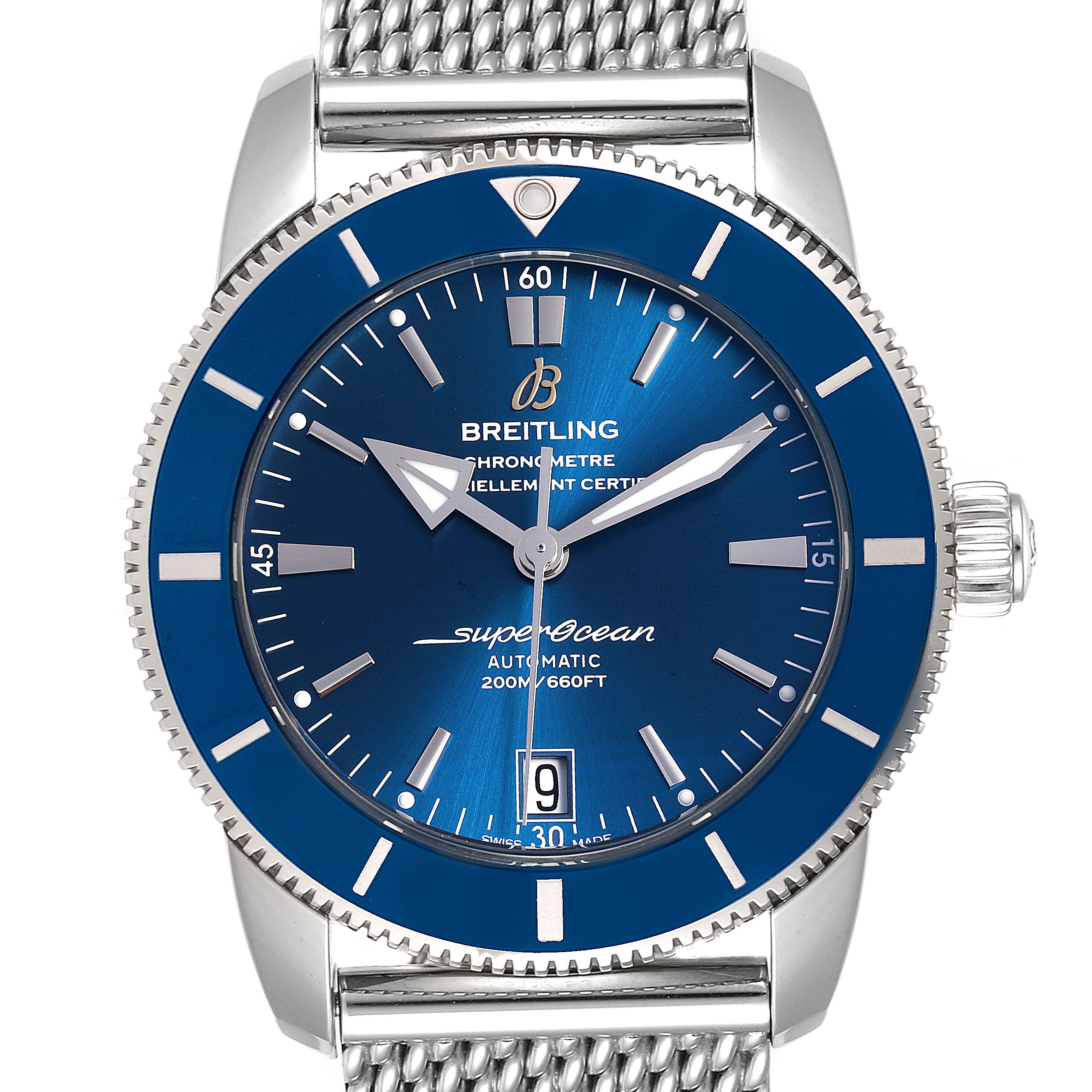 The image shows a front view of a Breitling Superocean AB2010161C1A1 Men's Stainless Steel Blue Dial AB2010161C1A1 Men's Stainless Steel Blue Dial watch, highlighting its blue dial and mesh metal strap.