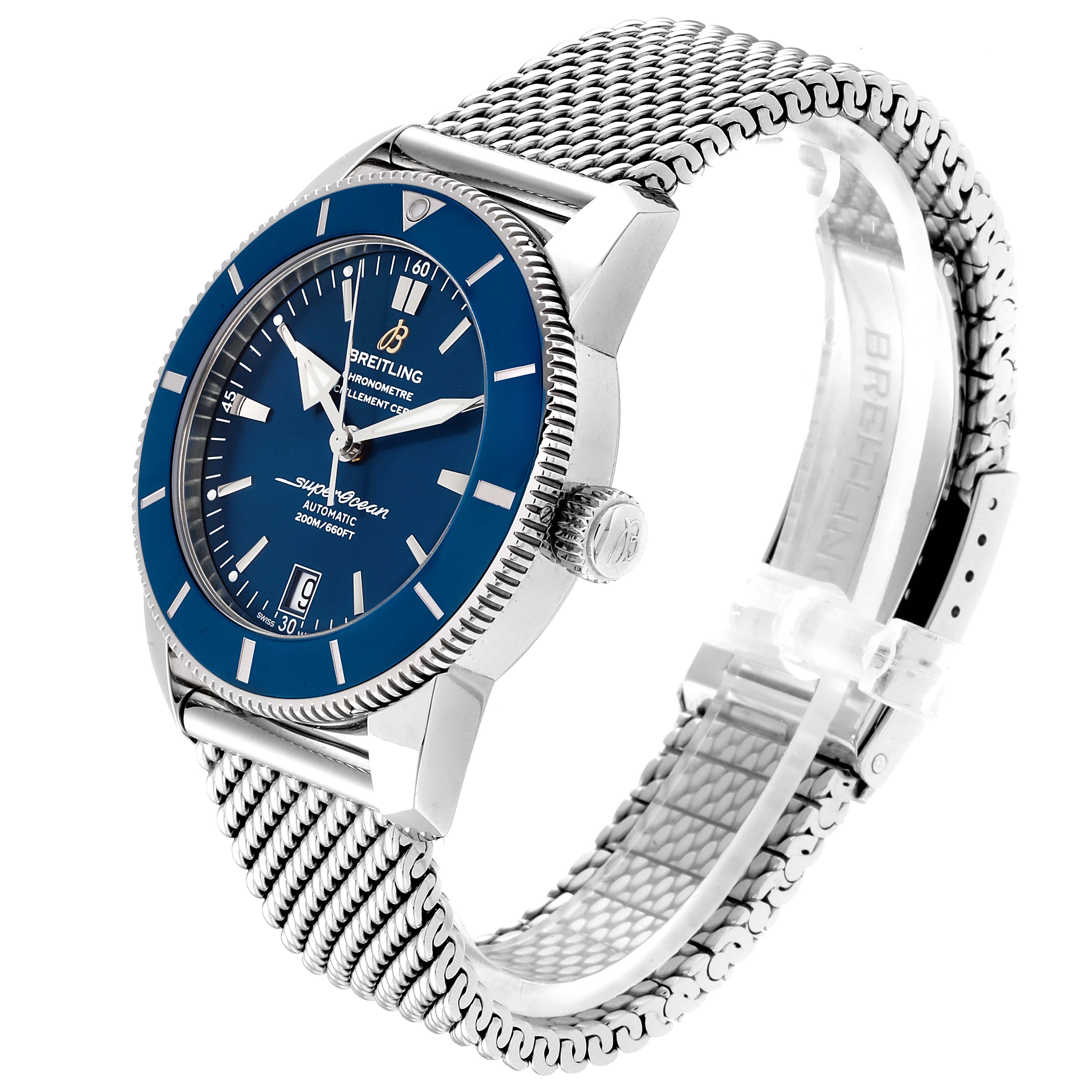The Breitling Superocean AB2010161C1A1 Men's Stainless Steel Blue Dial AB2010161C1A1 Men's Stainless Steel Blue Dial watch is shown at a three-quarter angle, highlighting the face, bezel, crown, and metallic mesh strap.