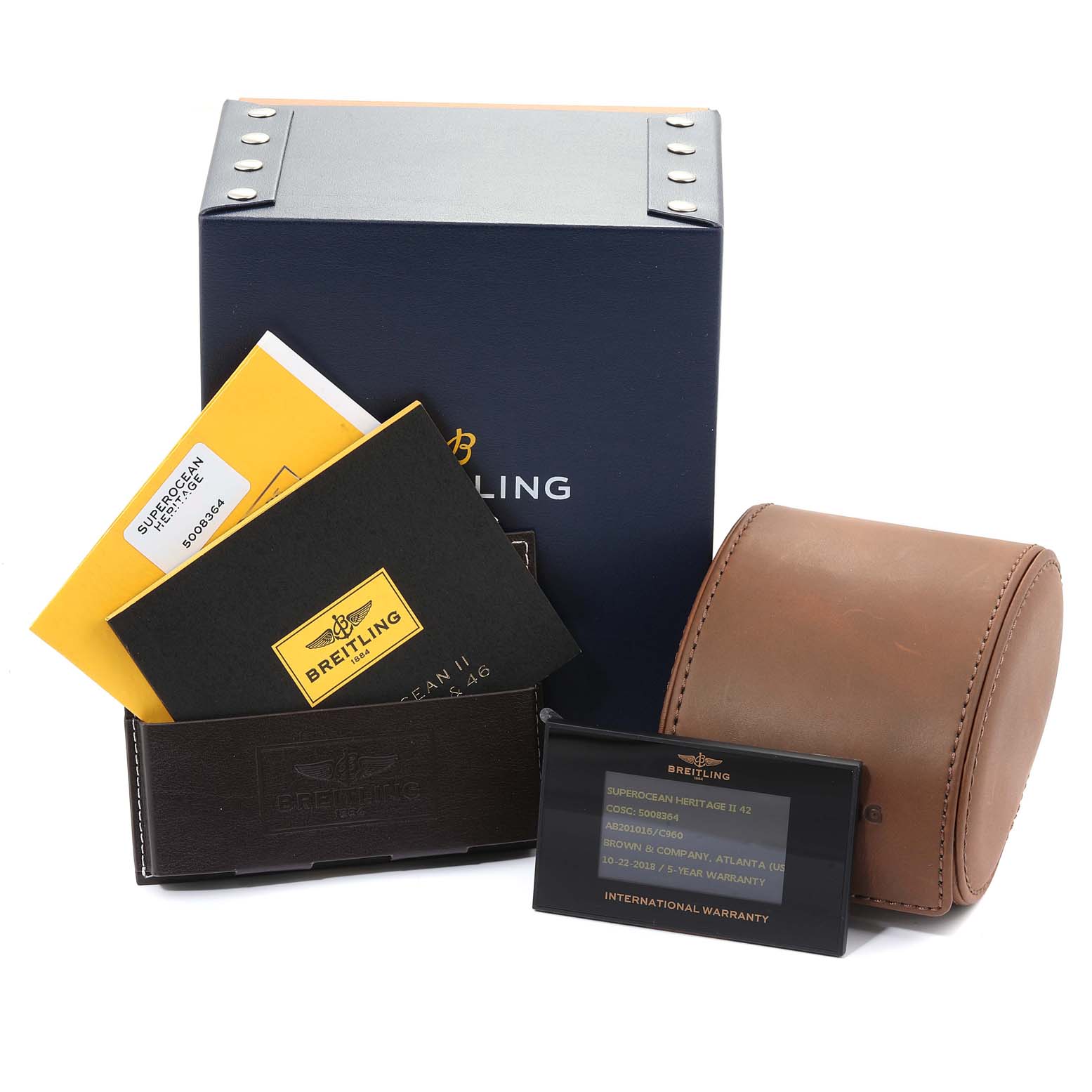 The image shows the packaging, manuals, warranty card, and a leather travel case for the Breitling Superocean AB2010161C1A1 Men's Stainless Steel Blue Dial AB2010161C1A1 Men's Stainless Steel Blue Dial model watch.