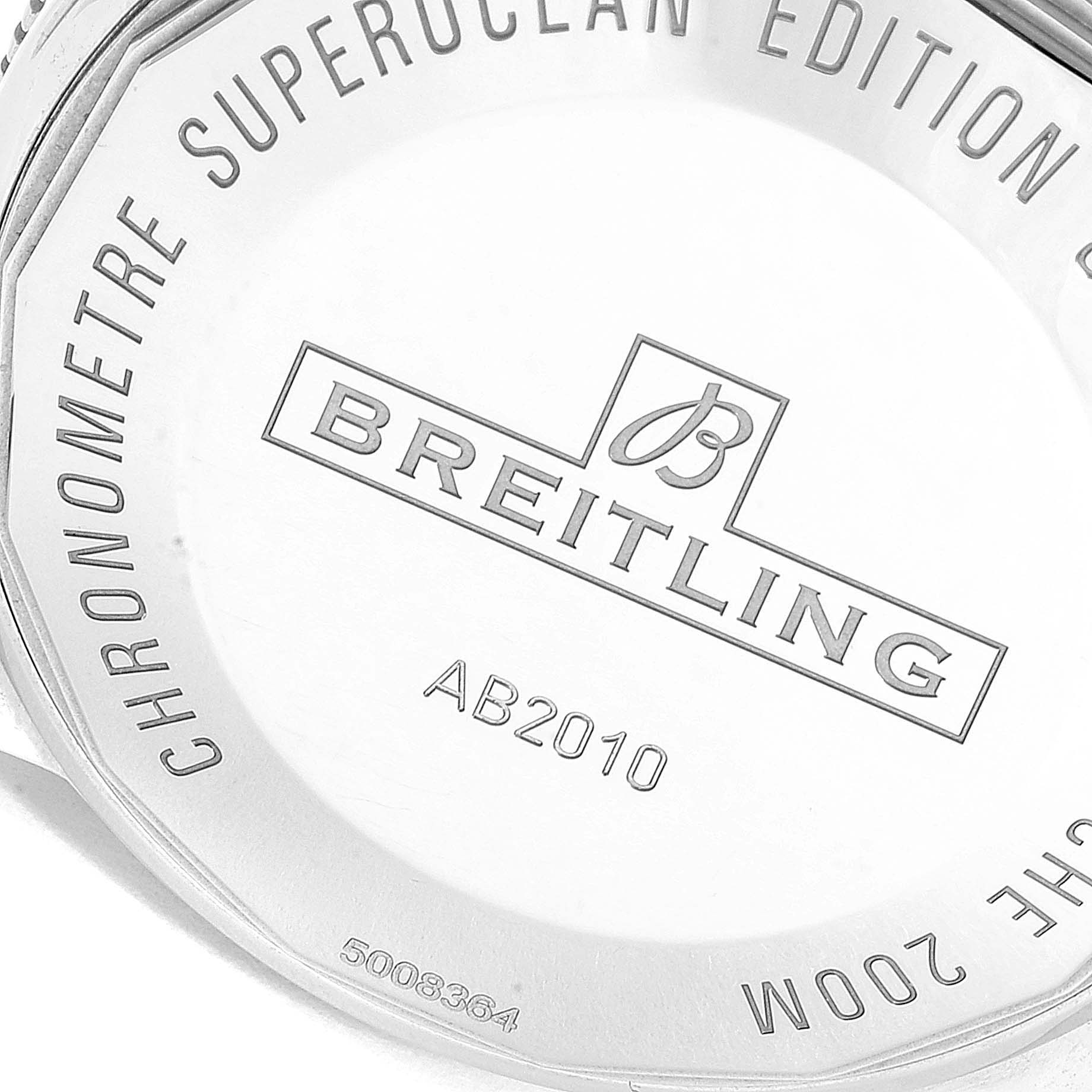 The image shows the back case of a Breitling Superocean AB2010161C1A1 Men's Stainless Steel Blue Dial AB2010161C1A1 Men's Stainless Steel Blue Dial model watch, displaying the brand name, model number, and edition details.