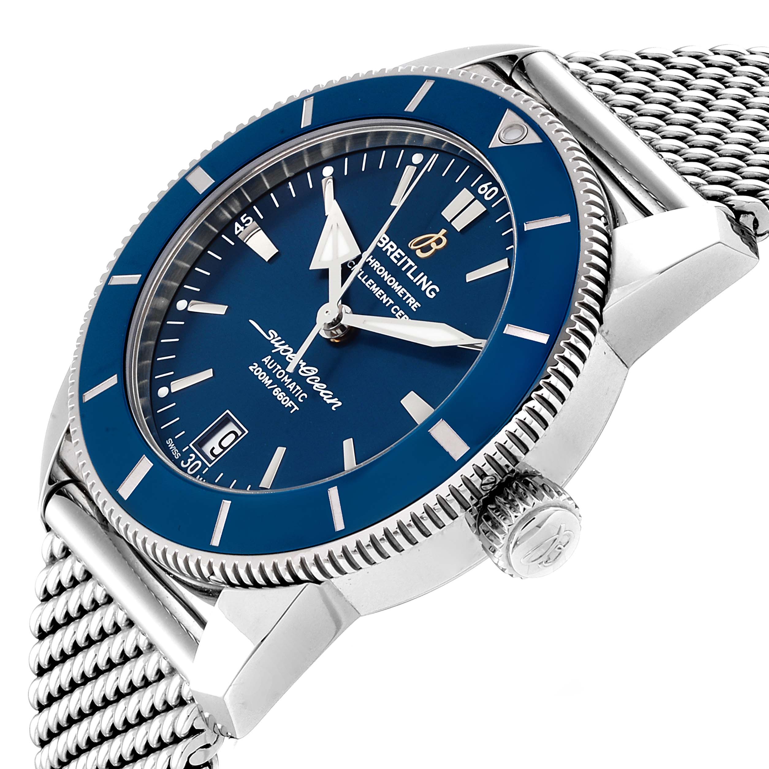 This image shows a Breitling Superocean AB2010161C1A1 Men's Stainless Steel Blue Dial AB2010161C1A1 Men's Stainless Steel Blue Dial watch at an angled side view, highlighting the bezel, crown, dial, and part of the strap.
