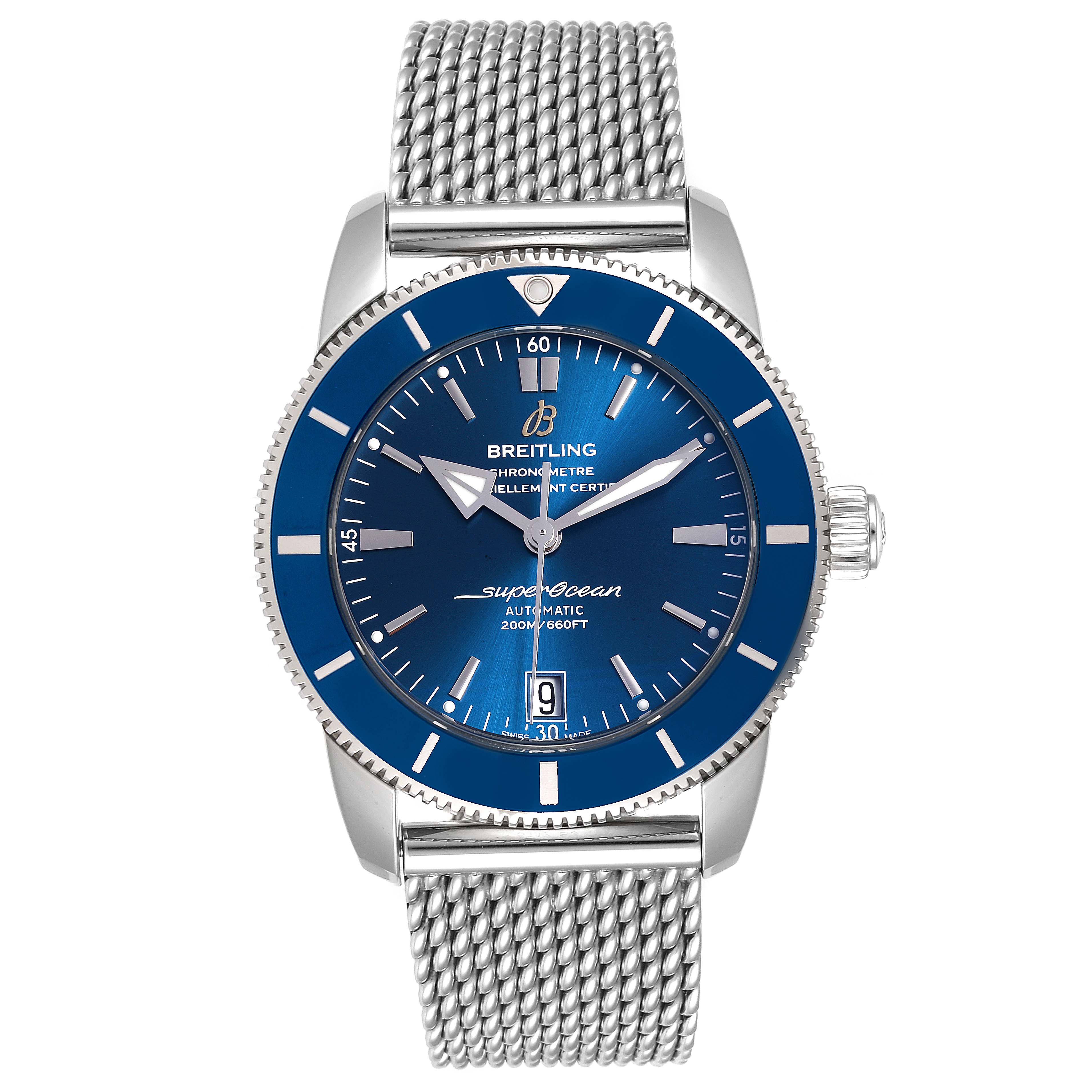 This Breitling Superocean AB2010161C1A1 Men's Stainless Steel Blue Dial AB2010161C1A1 Men's Stainless Steel Blue Dial watch features a blue dial, silver case, mesh bracelet, crown, and date window, shown from a front angle.