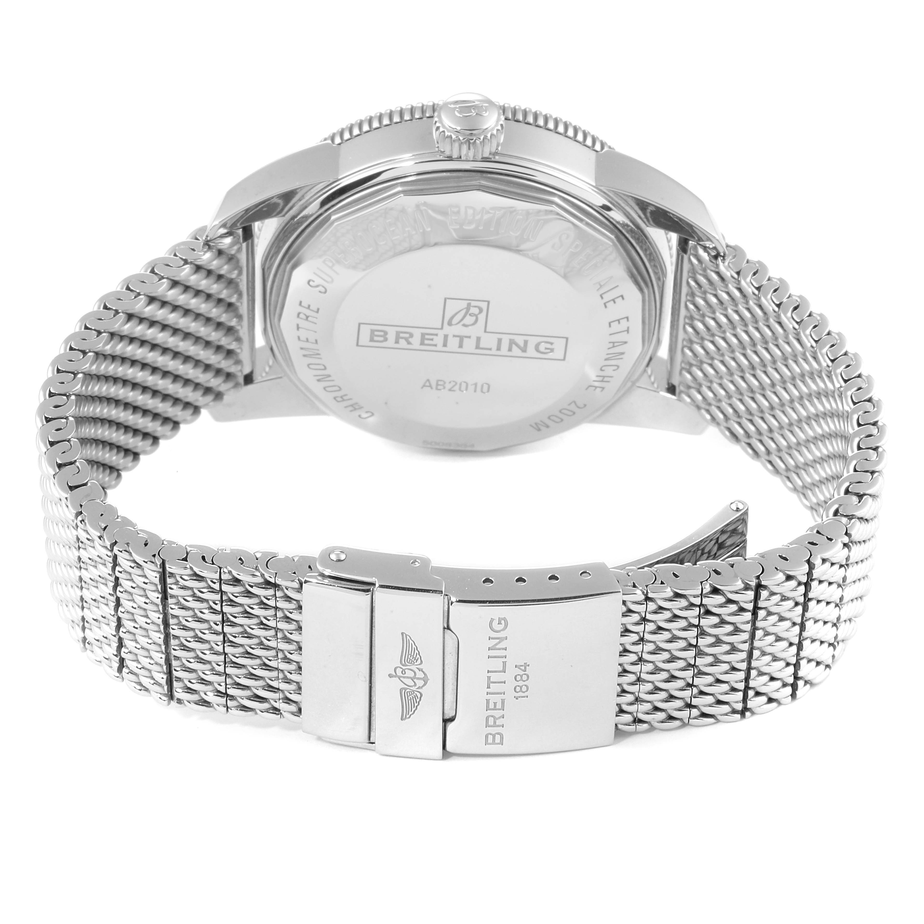 The image shows the back view of a Breitling Superocean AB2010161C1A1 Men's Stainless Steel Blue Dial AB2010161C1A1 Men's Stainless Steel Blue Dial model watch, highlighting the case back and metal mesh bracelet with clasp.
