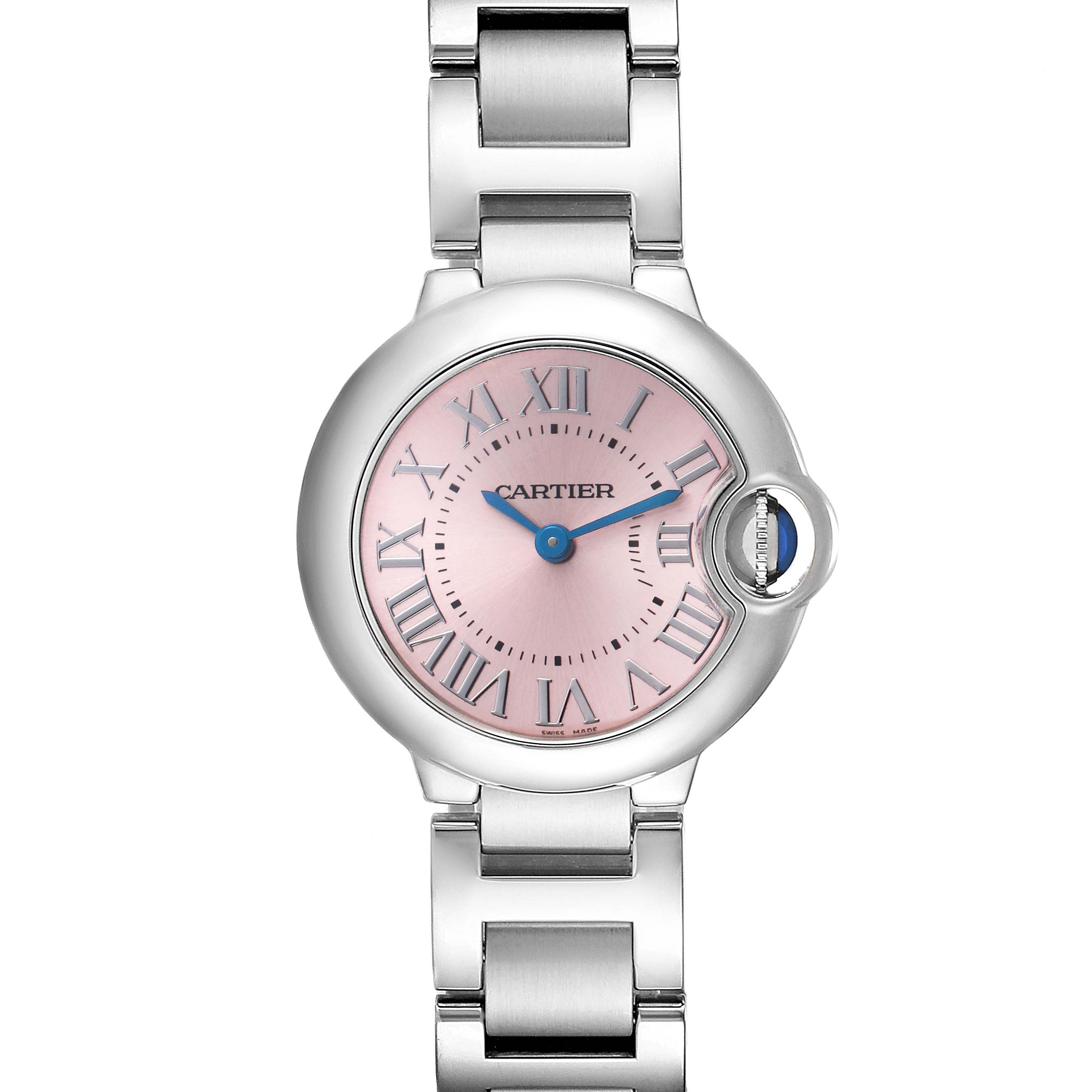 The Cartier Ballon Bleu 72027 Women
s Stainless Steel Pink Dial 72027 Women
s Stainless Steel Pink Dial watch is shown from a top view, displaying its pink dial, Roman numerals, and silver bracelet.