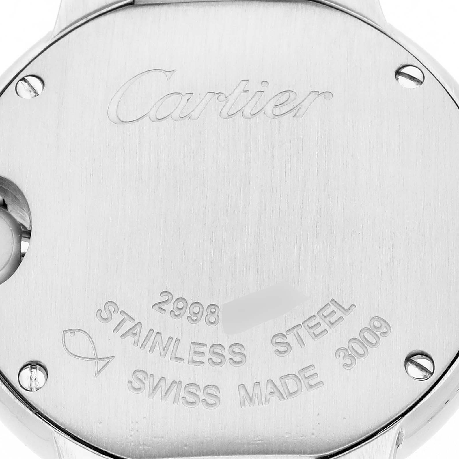 The image shows the back of the Ballon Bleu de Cartier watch, highlighting the brand name, material, and manufacturing details.