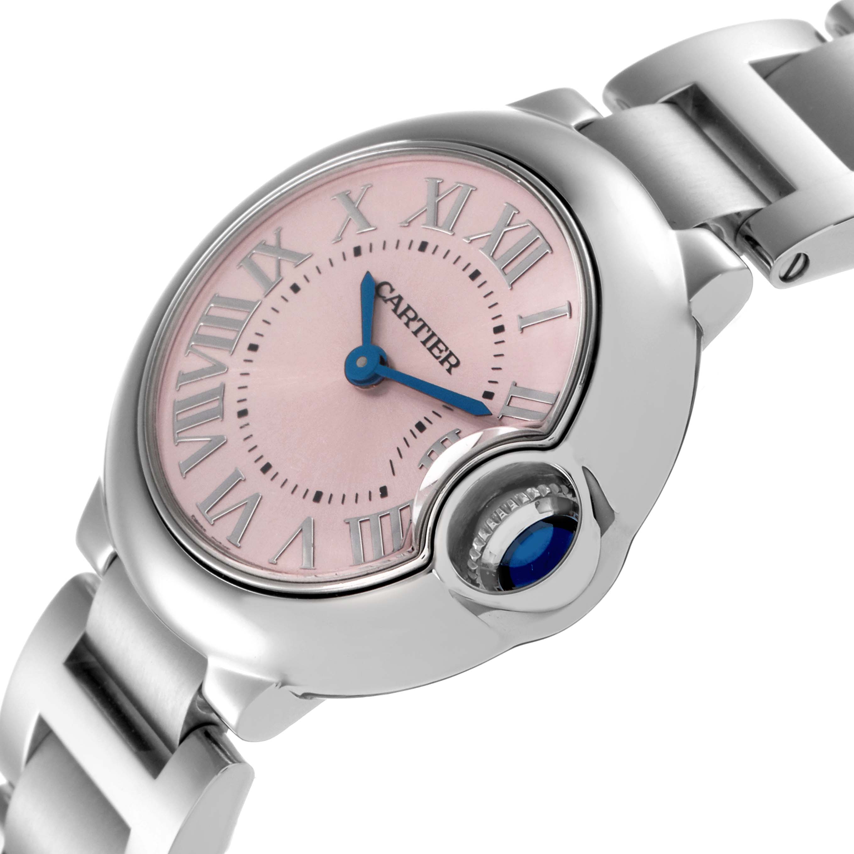 The Cartier Ballon Bleu 72027 Women
s Stainless Steel Pink Dial 72027 Women
s Stainless Steel Pink Dial watch is shown at a three-quarter angle, displaying its pink dial, blue hands, Roman numerals, and crown.