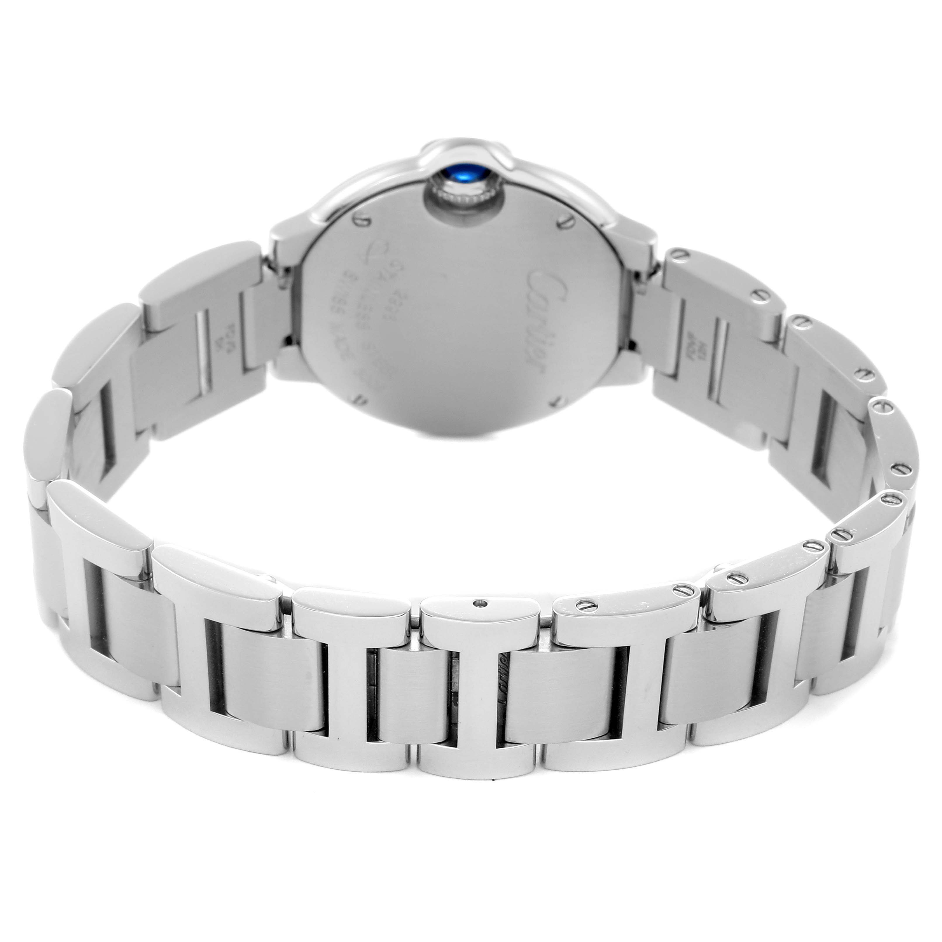 The Cartier Ballon Bleu 72027 Women
s Stainless Steel Pink Dial 72027 Women
s Stainless Steel Pink Dial watch is shown from the back, highlighting the bracelet and case with crown visible.