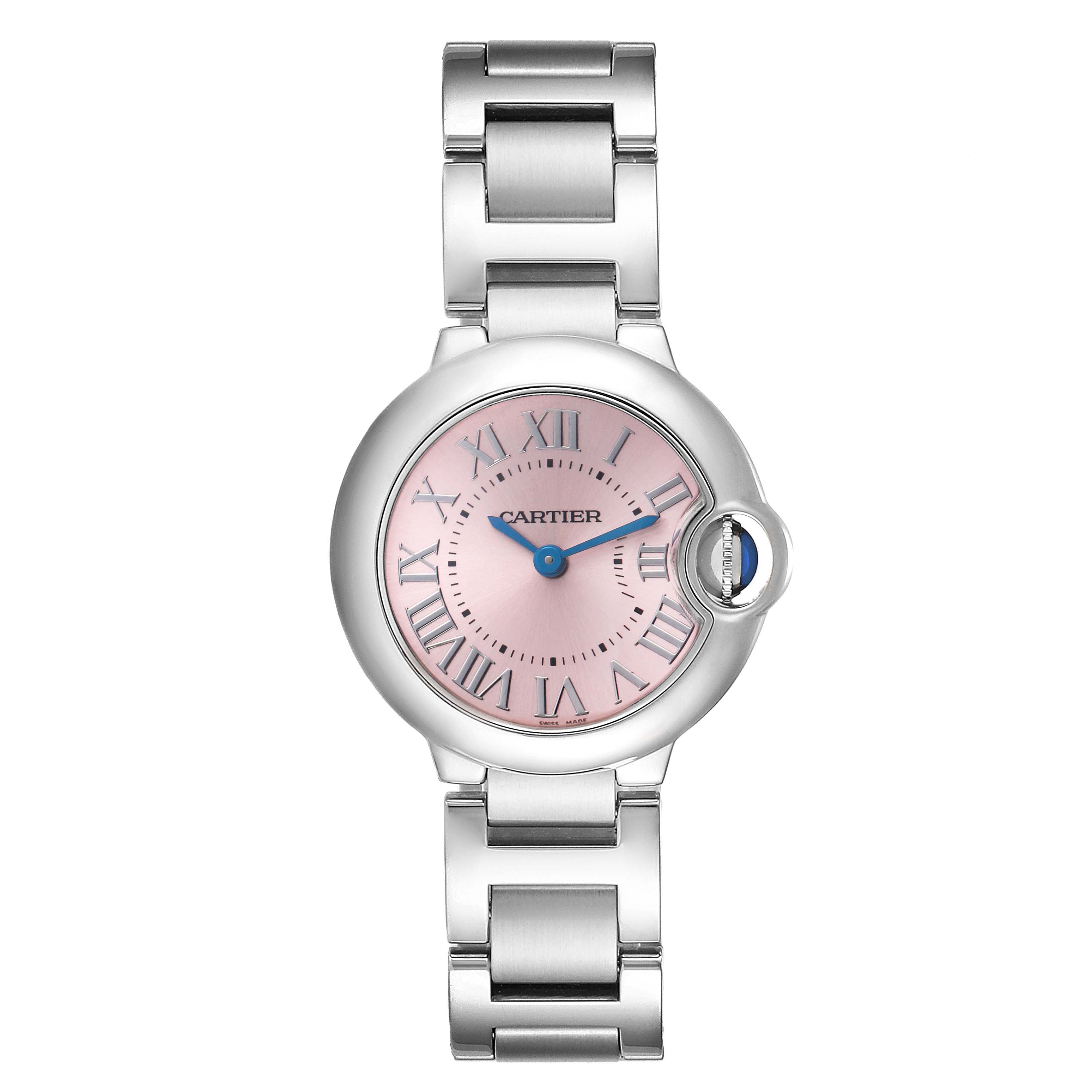 The Cartier Ballon Bleu 72027 Women
s Stainless Steel Pink Dial 72027 Women
s Stainless Steel Pink Dial watch is shown from the front, displaying the face, crown, and bracelet.