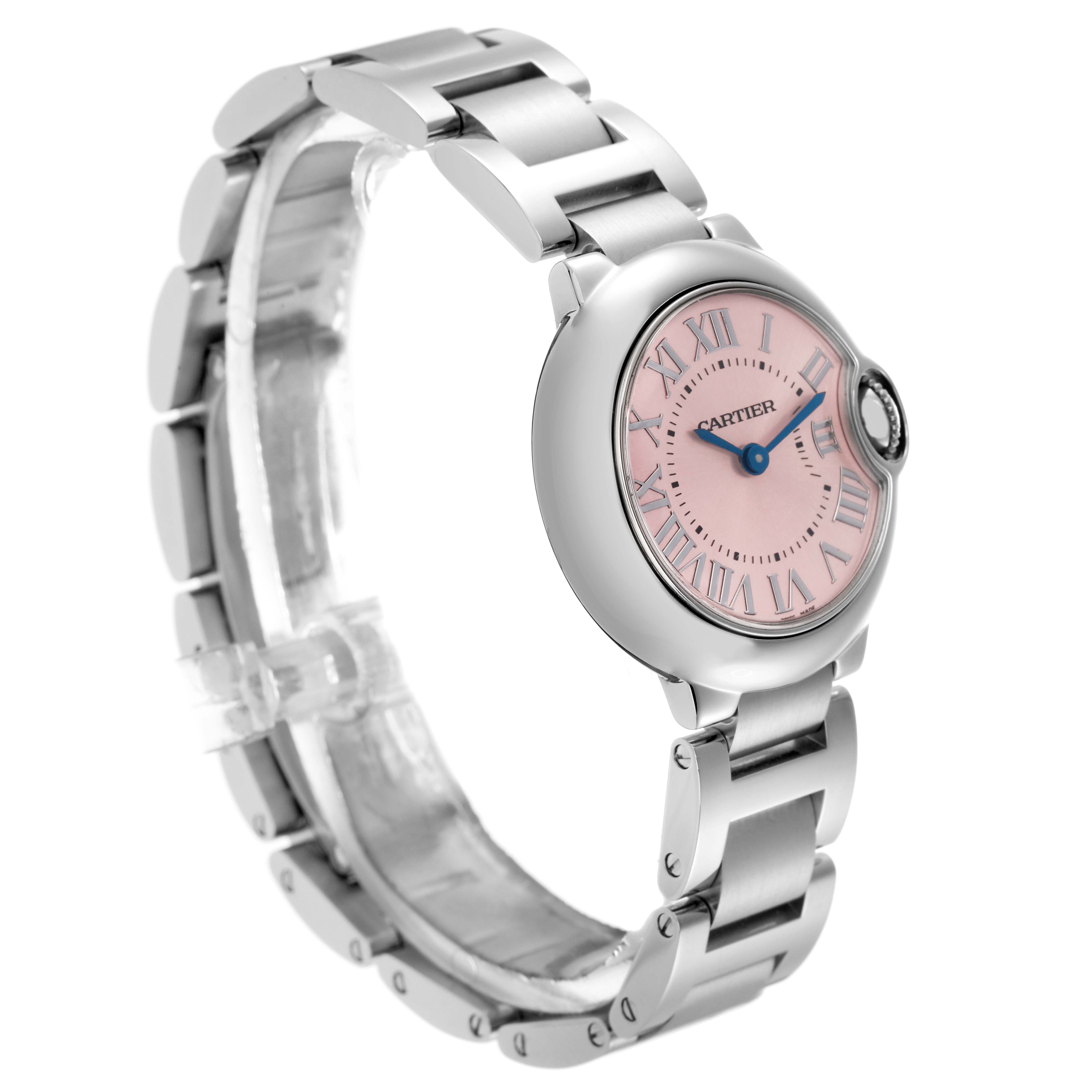 The Cartier Ballon Bleu 72027 Women
s Stainless Steel Pink Dial 72027 Women
s Stainless Steel Pink Dial watch is shown at an angle highlighting the face, side, and part of the bracelet.