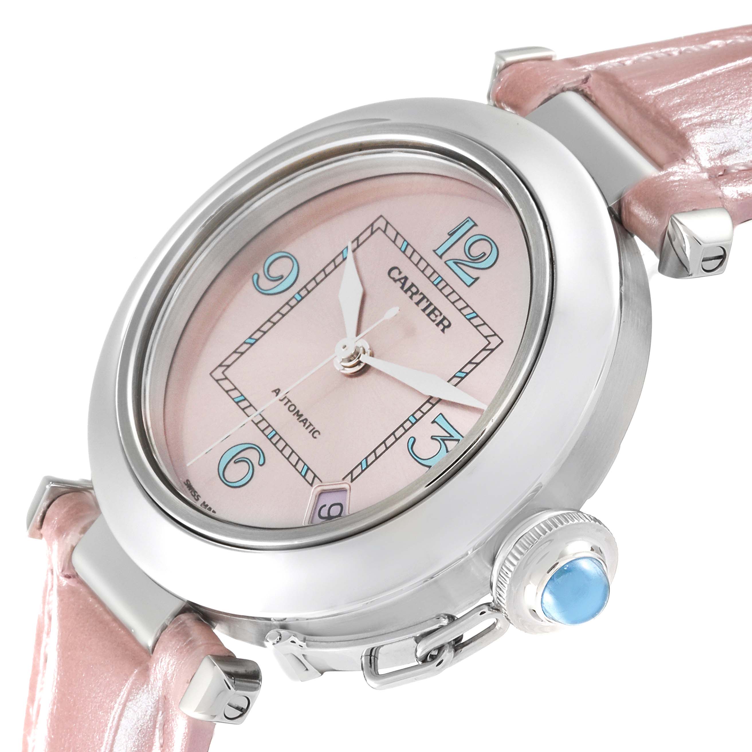 The image shows a close-up side angle of the Cartier Pasha 61675 Women's Stainless Steel Pink Dial 61675 Women's Stainless Steel Pink Dial watch, highlighting its face, crown, and pink strap.